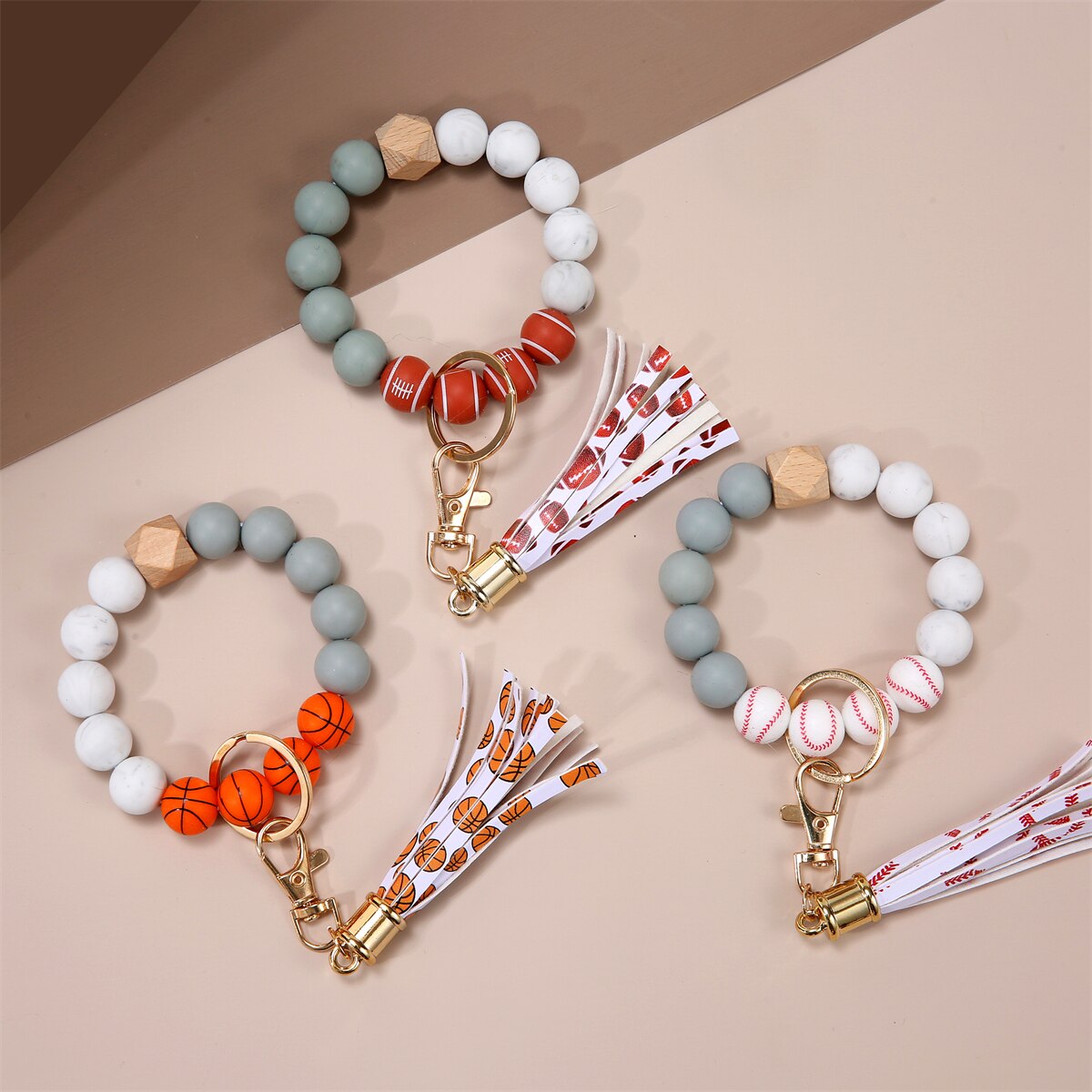 Fashion Silicone Key Ring Bracelets Wristlet Keychain Car Beaded Key Ring Bangle Chains for Women