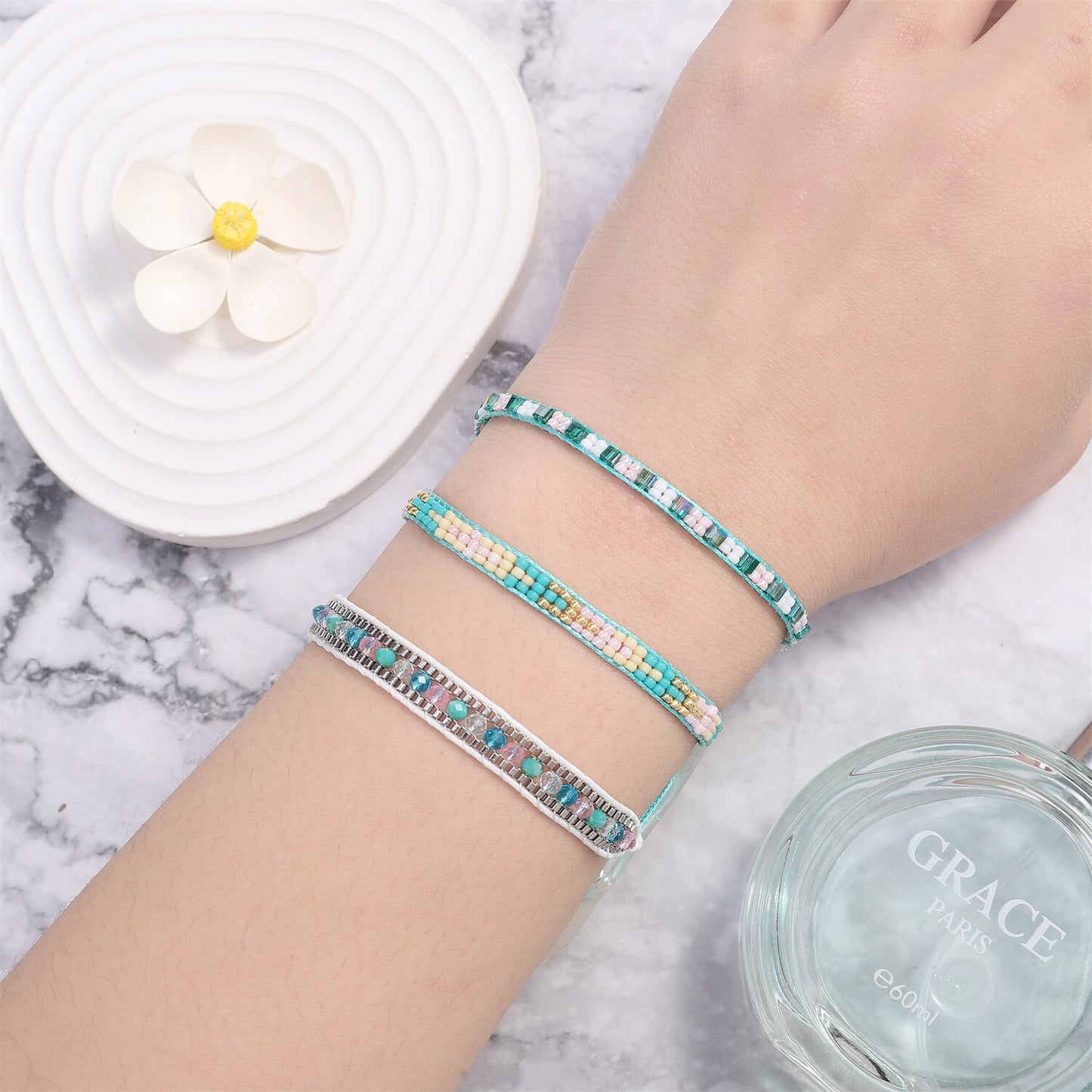3pcs Woven Friendship Bracelets Handmade Braided Chain Ankles for Women Men Beach Crystal Beads Wrap Bracelet Adjustable Jewelry
