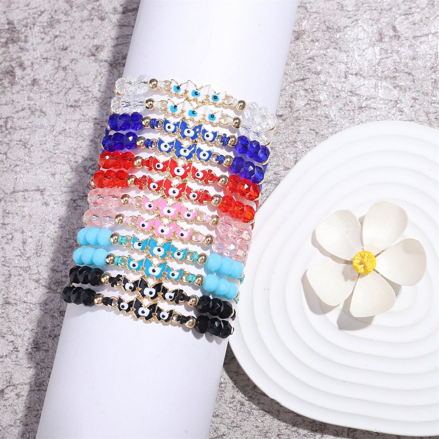 Boho 12pcs/lot Crystal Bead Butterfly Charms Braided Bracelet for Women Child Adjustable Evil Eye Rope Chain Anklet Jewelry