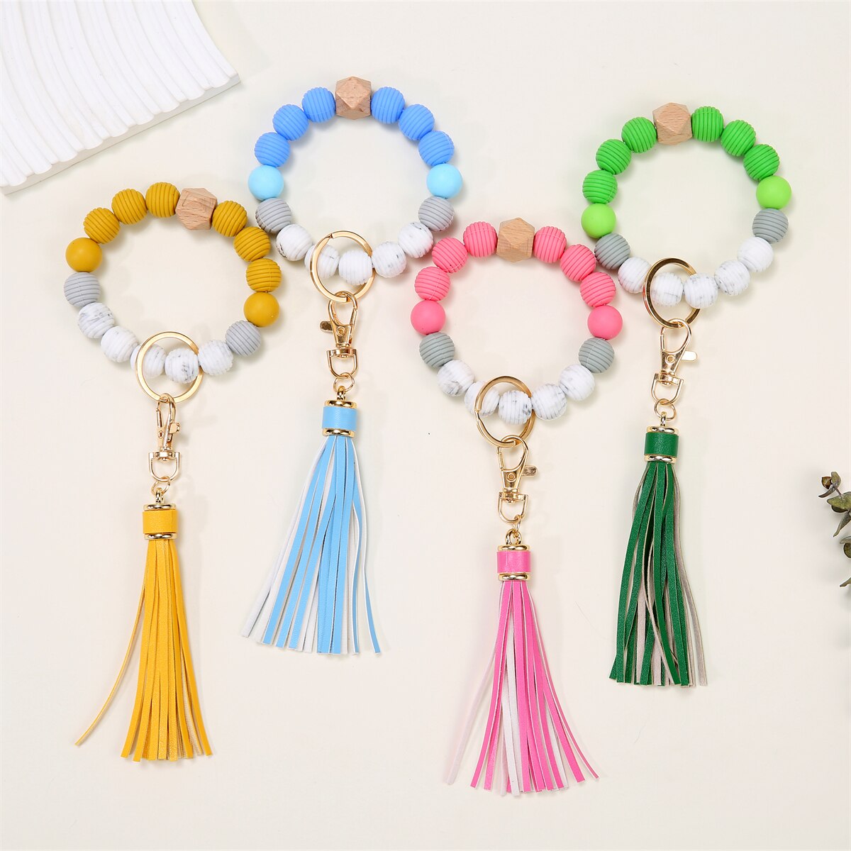 Silicone Key Ring Bracelet Wristlet Keychain Unique Beaded Bangle Key Chains for Women with Leather Tassel