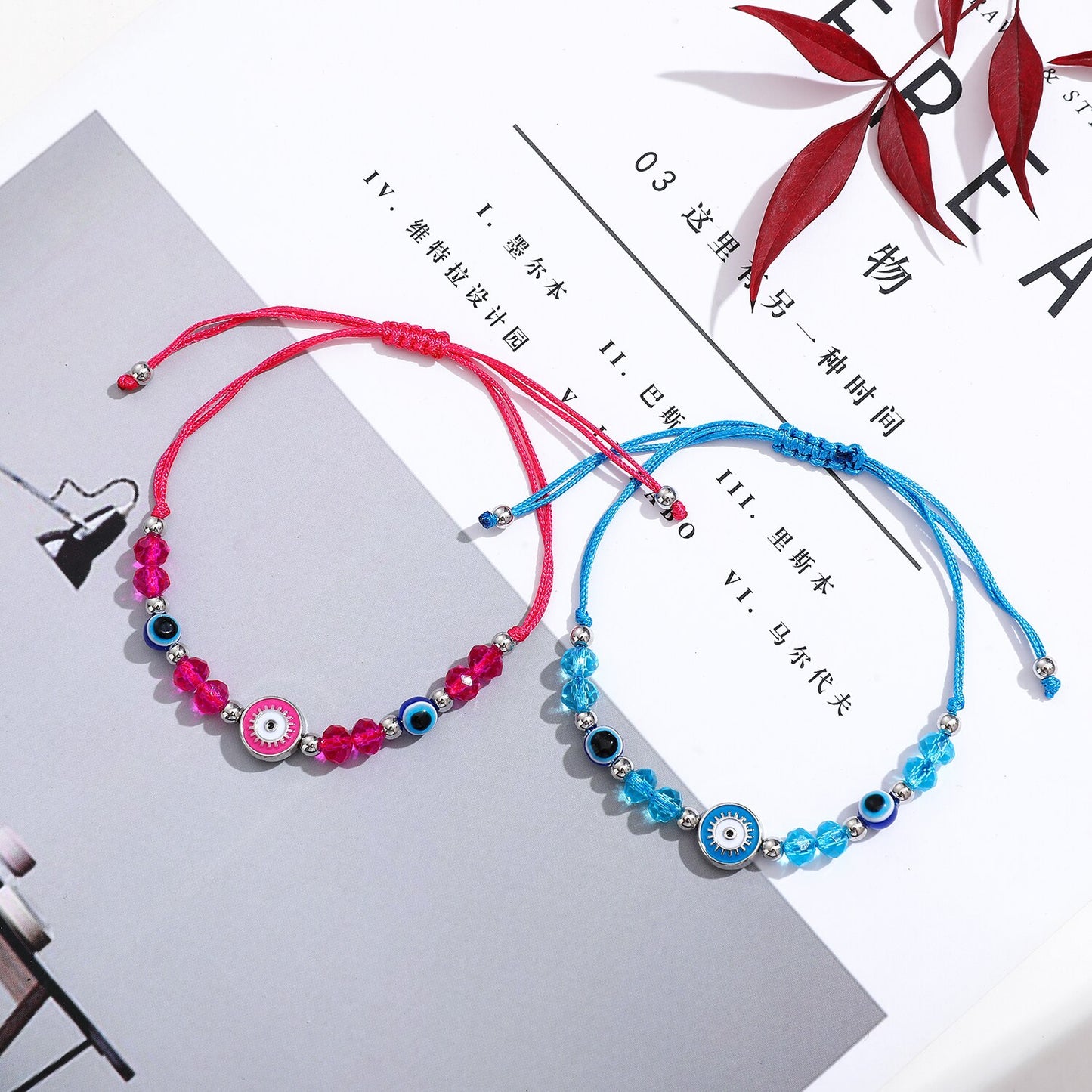 12 Pieces Colorful Crystal Evil Eye Beaded Charms Bracelets for Women Adjustable Beads Anklets Child Girl Wristband Cuff Jewelry