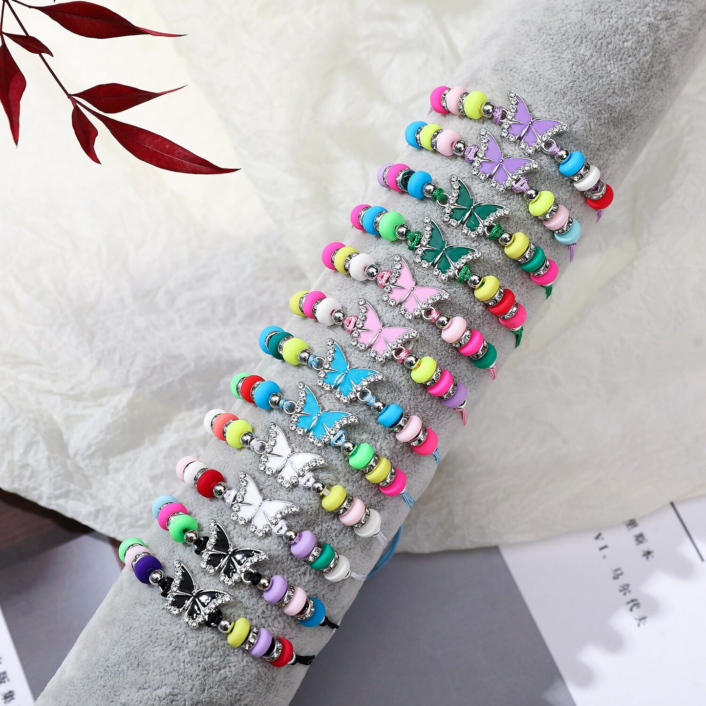 Boho Women 12pcs/Set Butterfly Pendant Charms Bracelet Candy Beaded Weave Adjustable Rope Chain Wristband Jewelry
