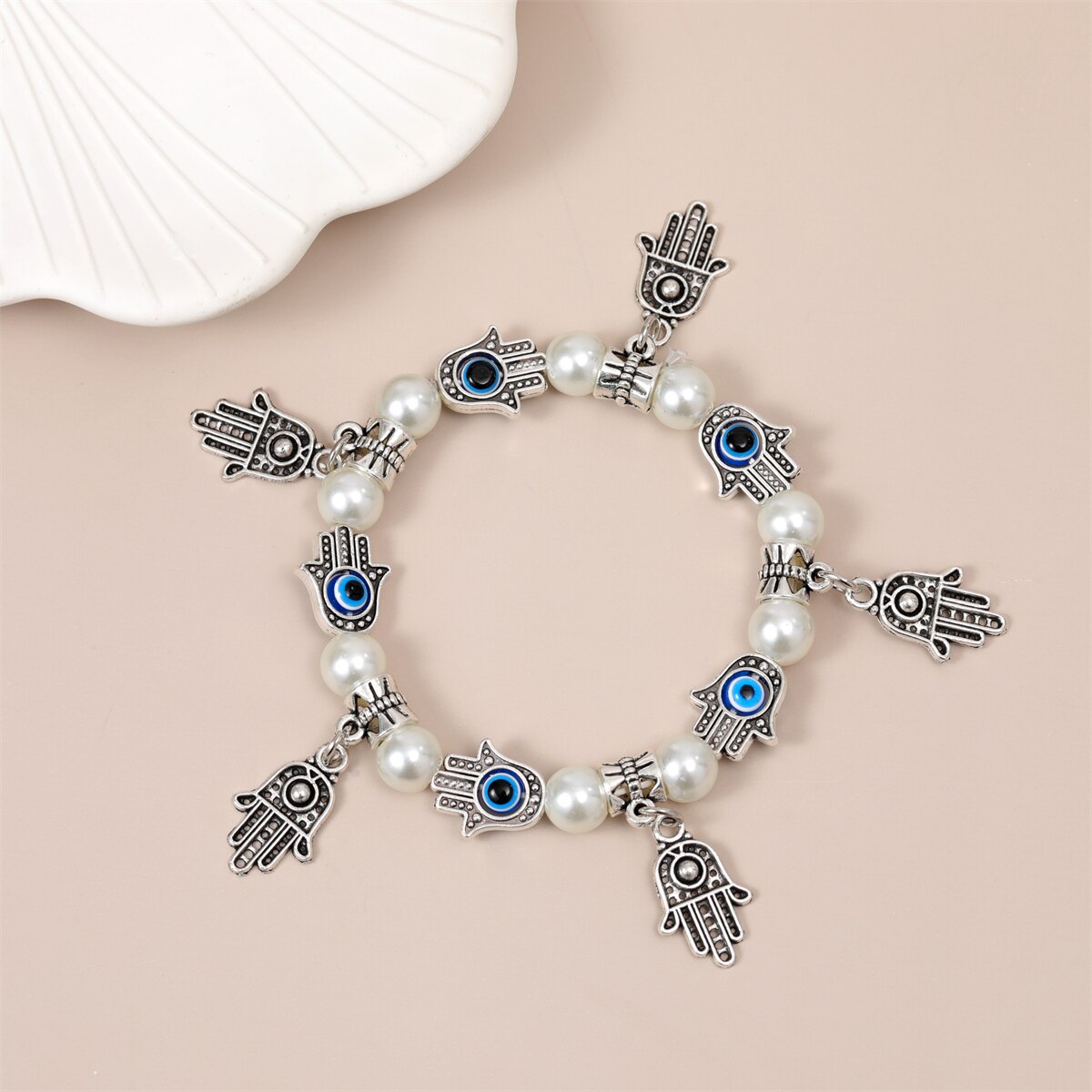 Fashion Blue Turkey Evil Eye Fatima Hand Beaded Charms Bracele for Women Men Pearls Chain Elastic Yoga Party Jewelry