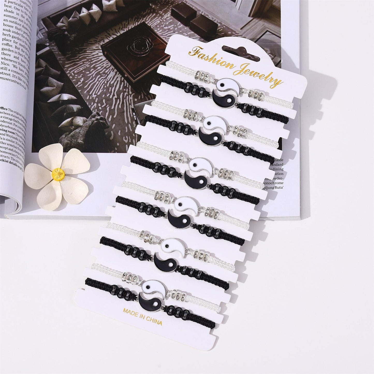 12pcs/Lot Black/white Yin and Yang Tai Chi Pendant Bracelets for Women Crystal Beads Chain Braid Rope Anklet Amulet Jewelry