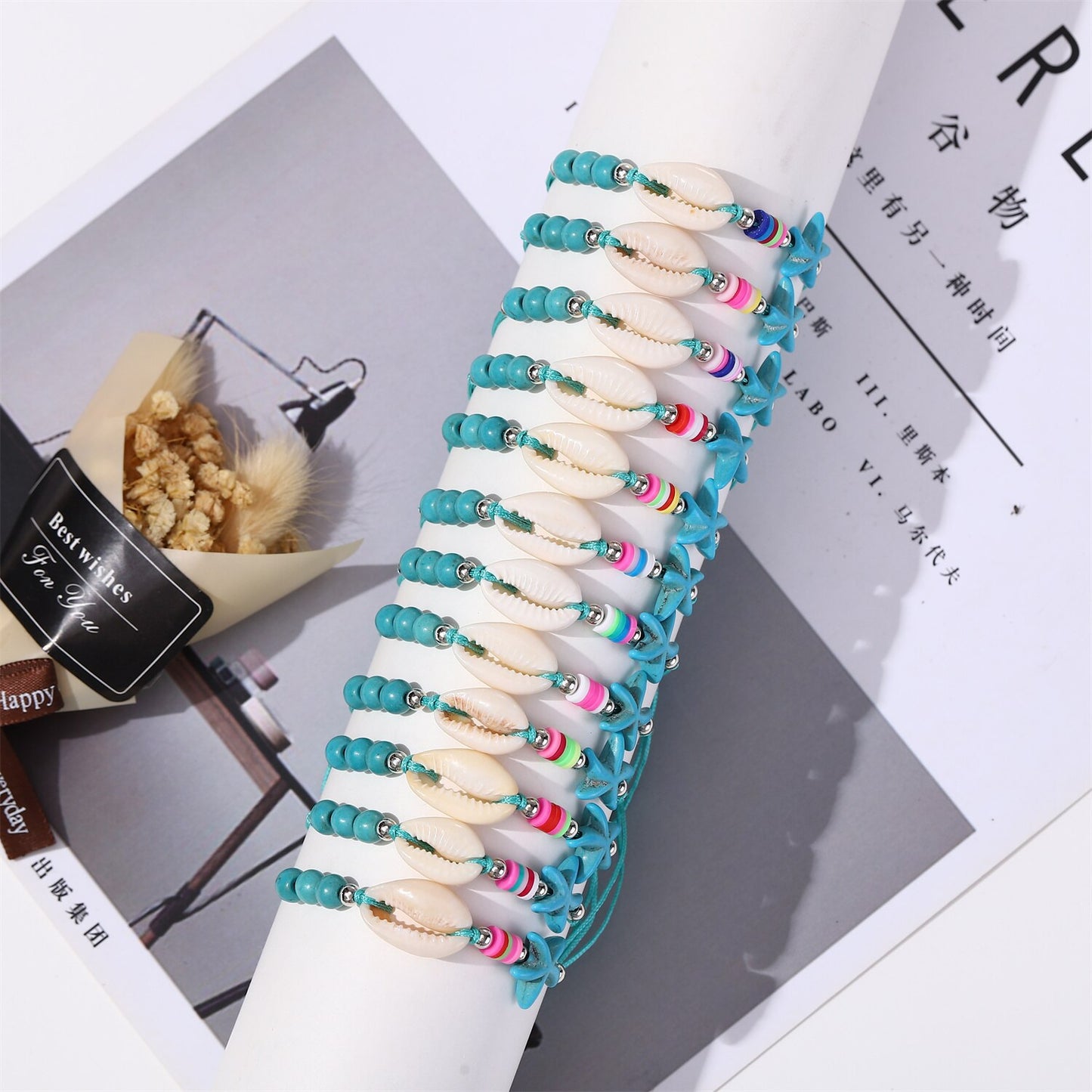 12pcs/lot Green Natural Stone Beads Bracelet for women Men Yoga Jewelry Starfish Shell Bracelet Accessories Wholesale