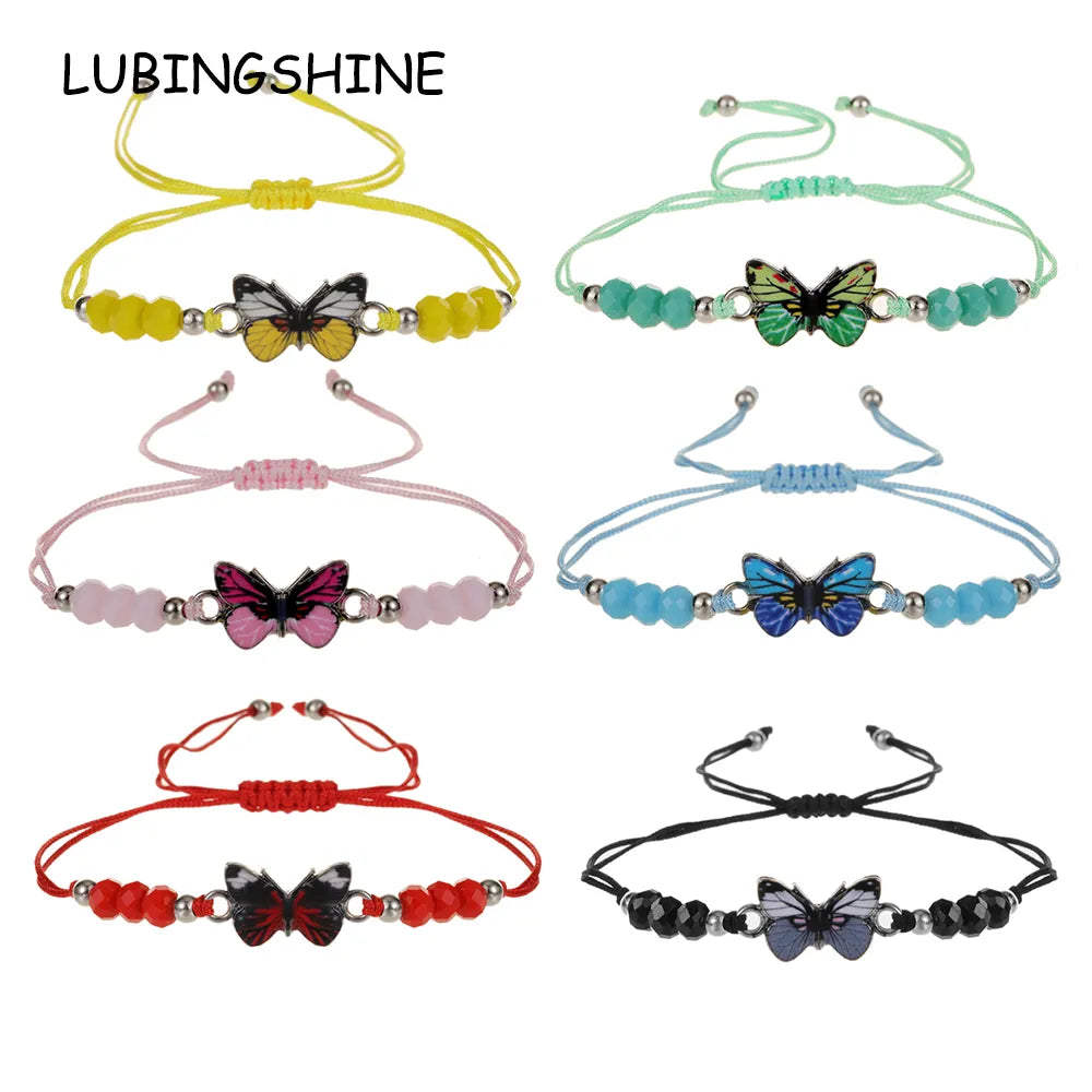 Women Girl Butterfly Woven Friendship Crystal Bead Bracelet Value Set Kids Party Favor Adjustable Bracelet