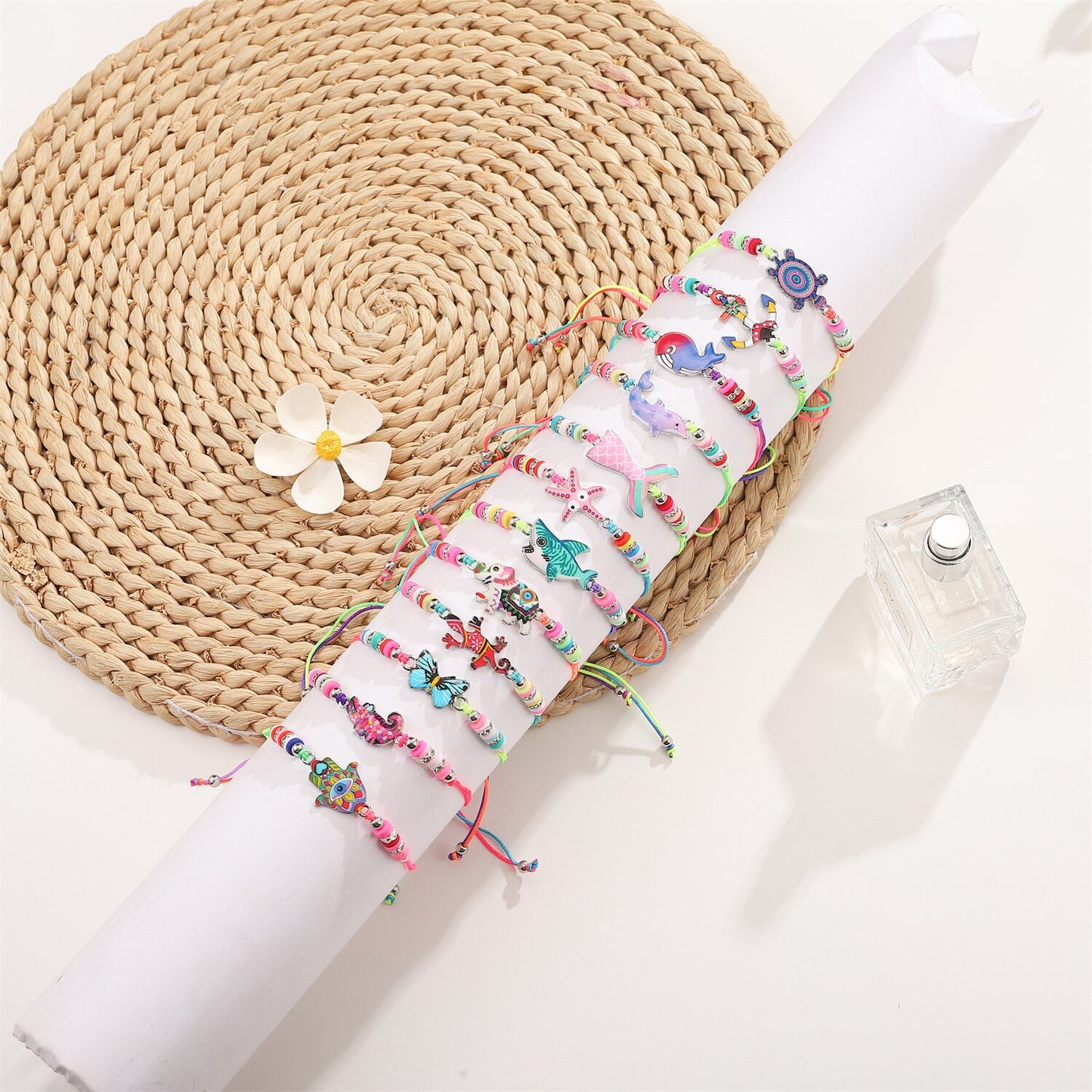 12pcs/lot Women Soft Clay Bead Whale Turtle Butterfly Animal Charms Yoga Bracelets Braided Adjustable Rope Chain Anklet Jewelry