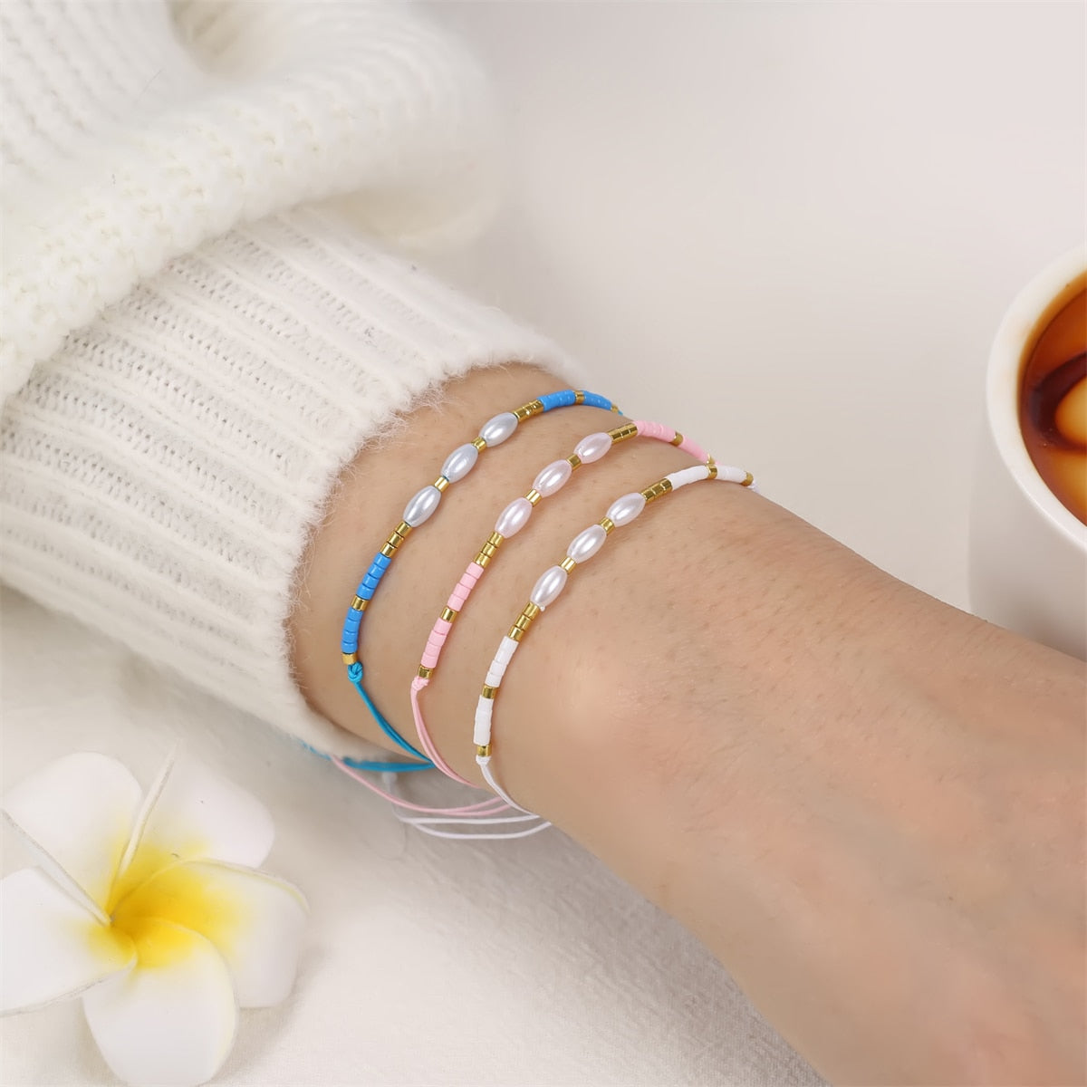 Boho 12pcs Seeds Bead Pearl Bracelet for Women Men Summer Surf Anklet Adjustable Hand Braided Wax Rope Chain Bracelets
