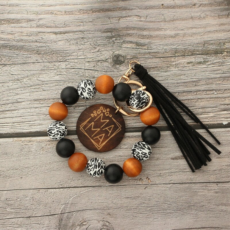 2023 New Leopard Print Wooden Bead Hand Beads Spotted Wooden Bead Bracelet Handmade Tassel Bracelets Keychain