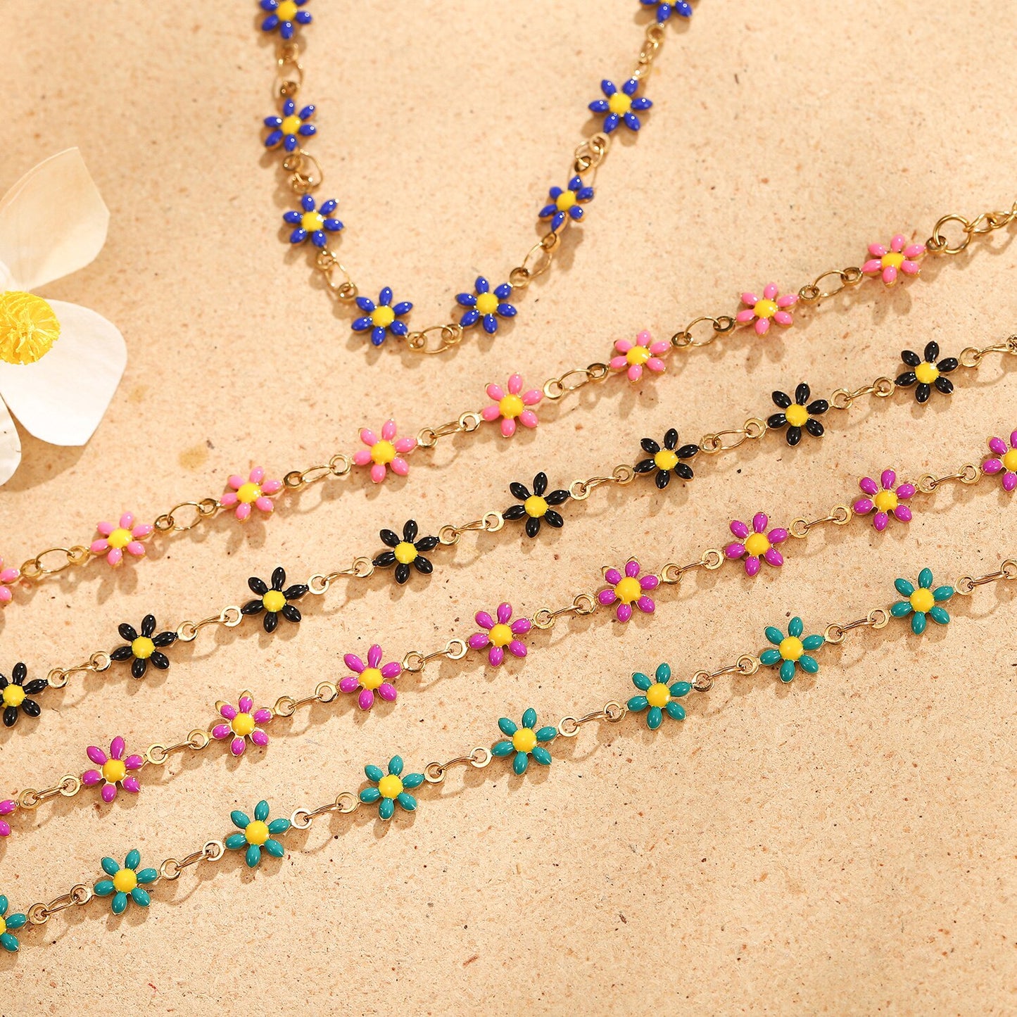 Women Stainless Steel Oil Drip Colorful Sunflower Pendant Bracelet Trendy Steel Titanium Minimalist Flower Bangle Anklet Jewelry