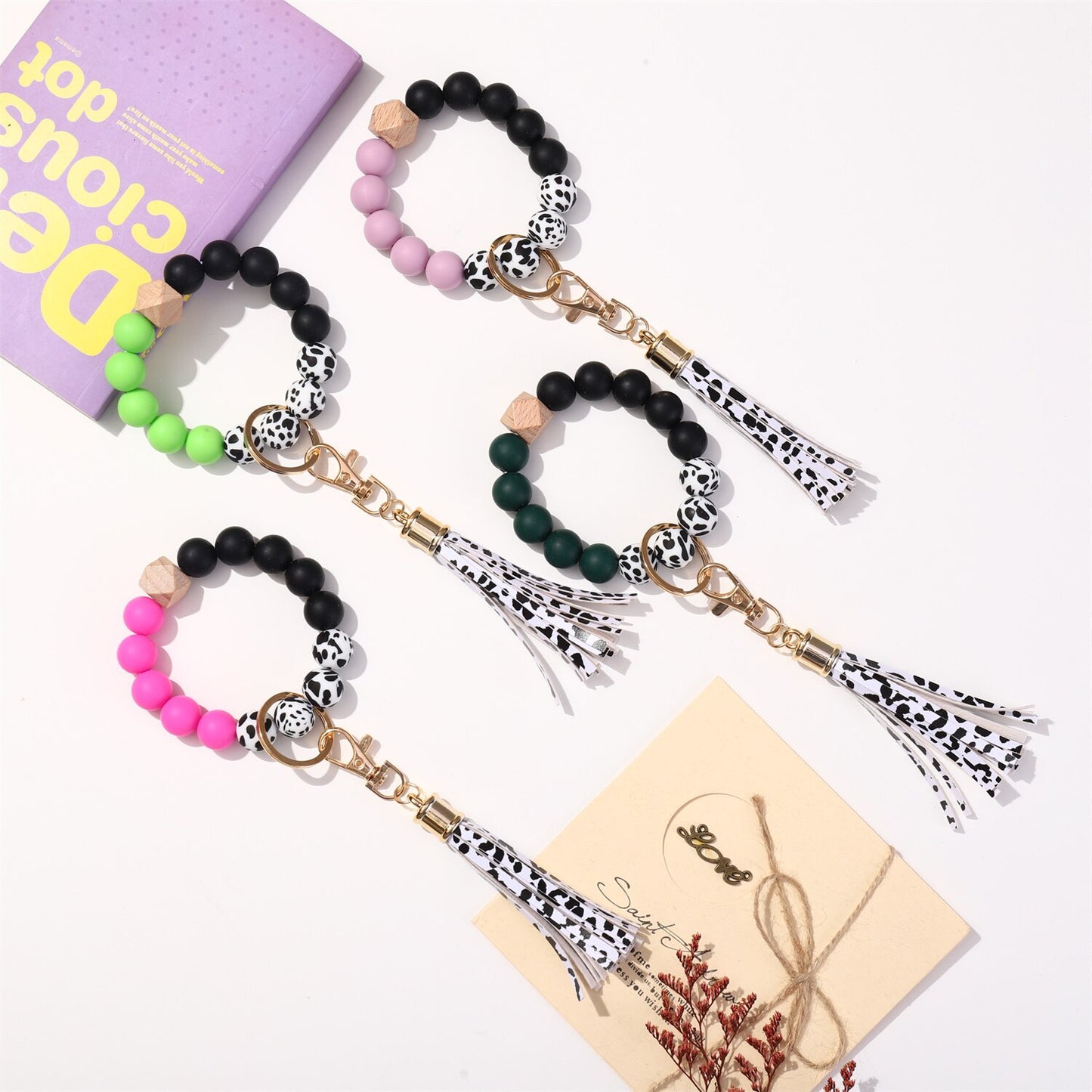 Trendy Silicone Beads Bracelets Bangles with Key Chain Candy Color Large Wristband Cuffs Beaded Bangle for Women