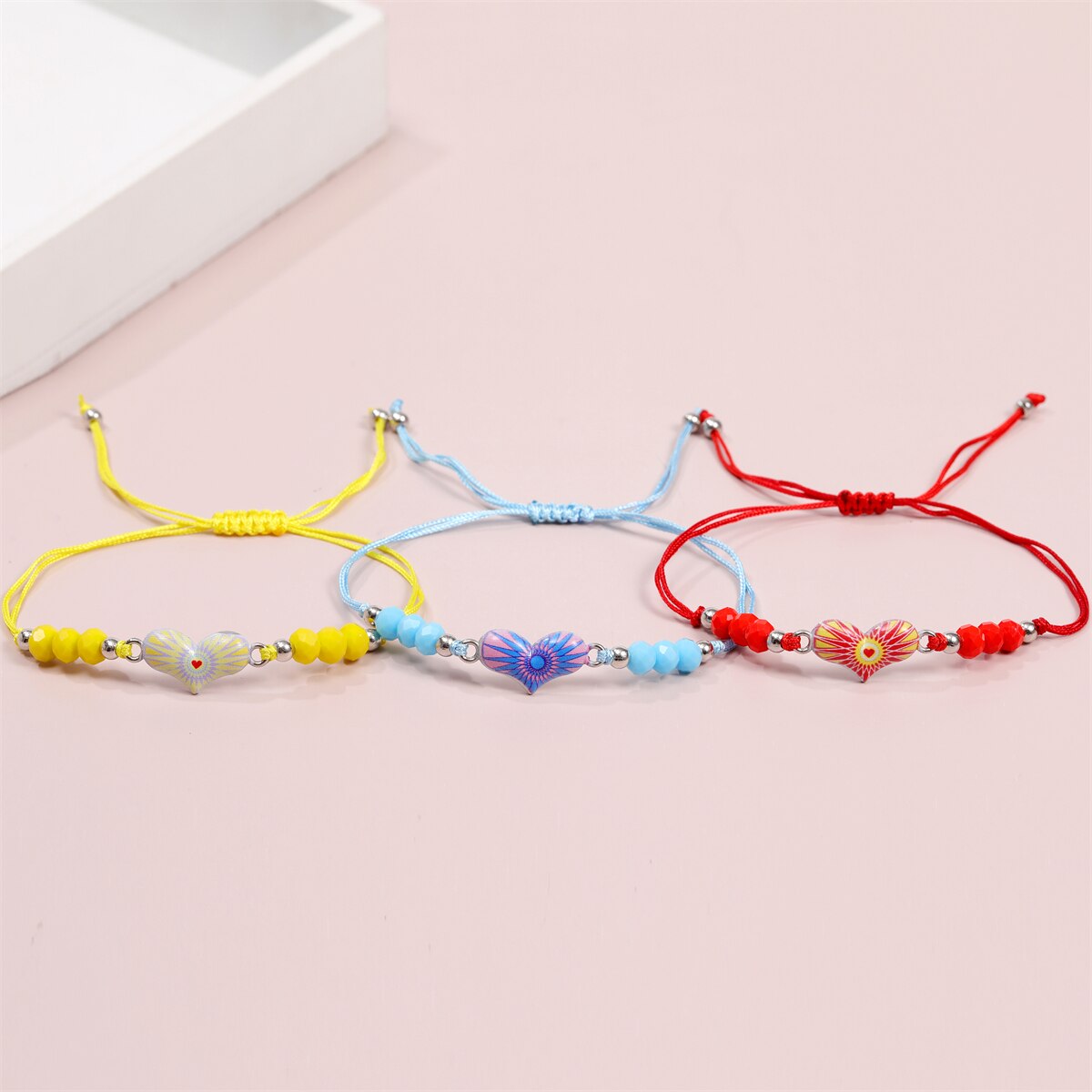Enamel Charms Elastic Heart Pendant Bracelet for Women Adjustable Braided Rope Chain Crystal Bead Wristband Bracelet Jewelry