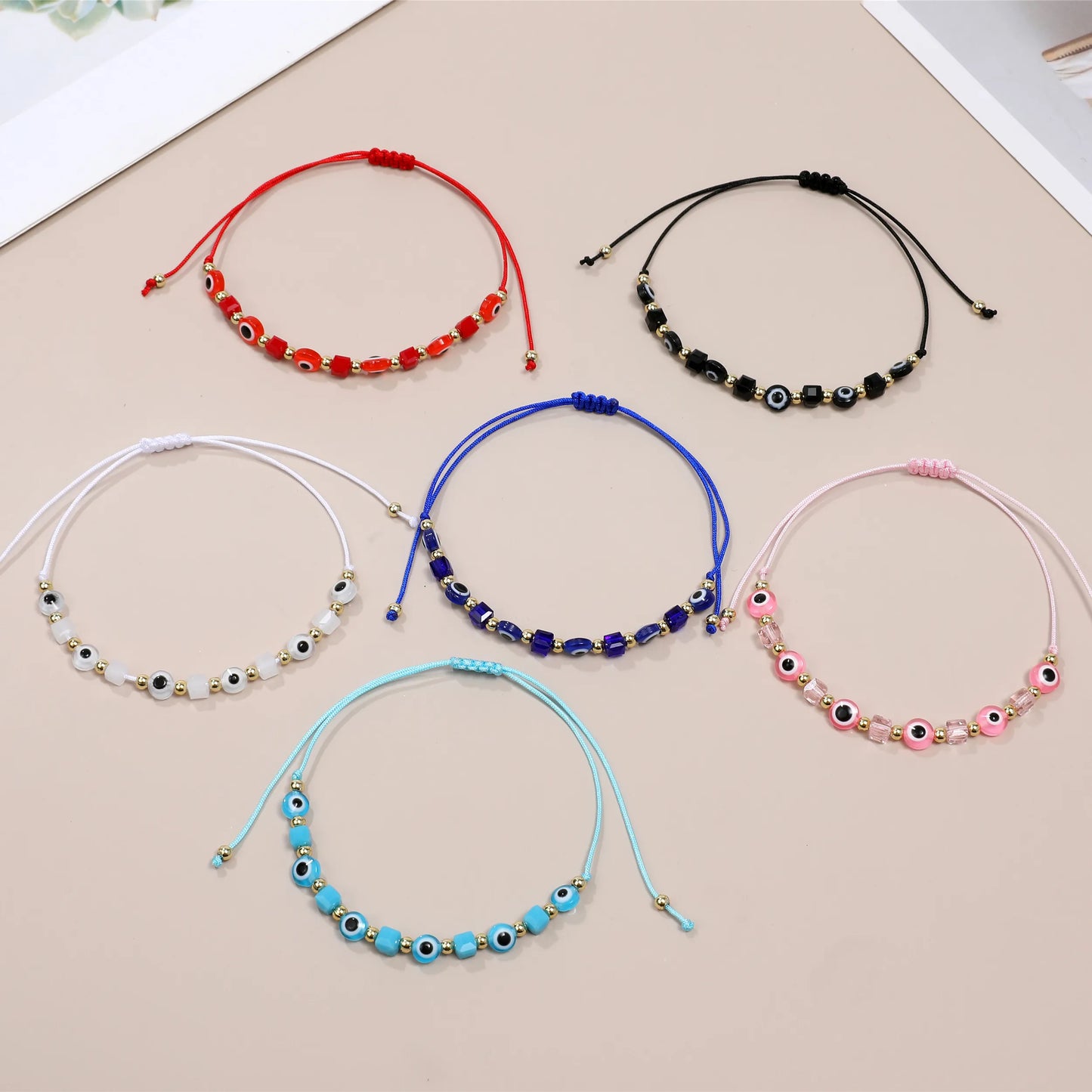 12pcs Colorful Evil Eye Beads Bracelet Handmade Prayer Bangles Adjustable Anklets Wrist Jewelry Gift for Friend Wholesale