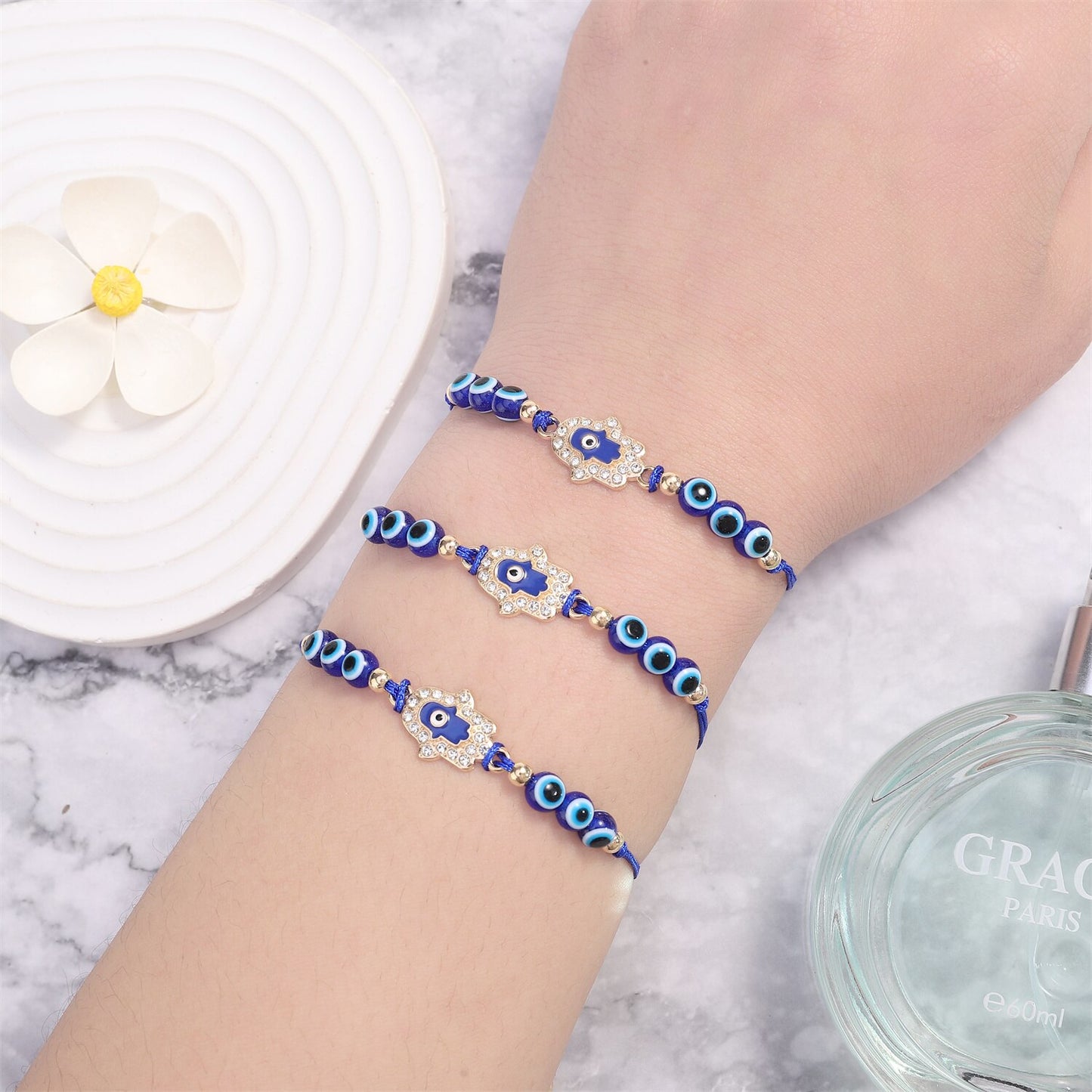 12pcs/lot Blue Turkey Evil Eye Hand of Fatima Charms Bracelet Thousand Eyes Wish Handmade Women's Resins Bead Bangle Jewelry