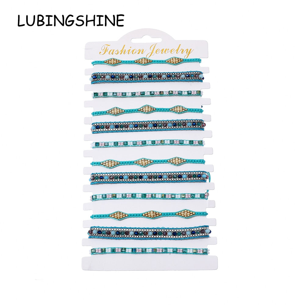 12pcs/lot Bohemia Woman Men Handmade Weave Adjustable Rope Chain Crystal Charms Bracelets Wrap Bangle Wristband Fashion Jewelry
