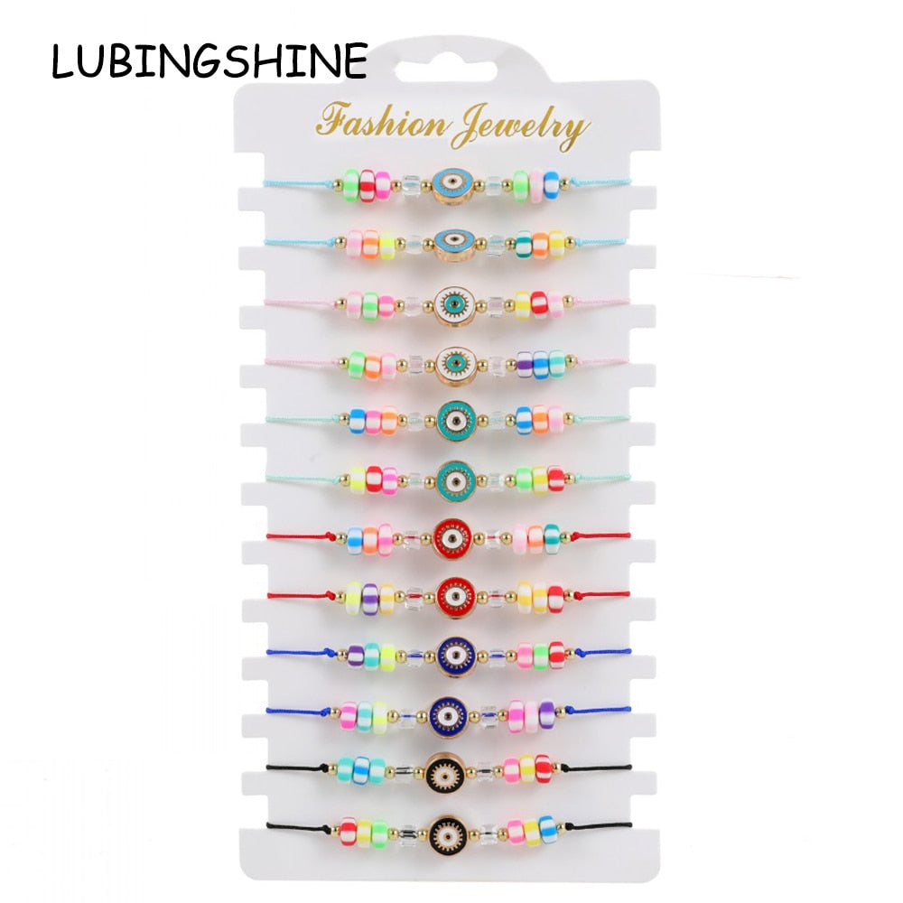 12pcs Candy Color Beads Evil Eye Blue Charm Stretch Bracelet Mal De Ojo Bracelet Protection and Blessing for Men and Women