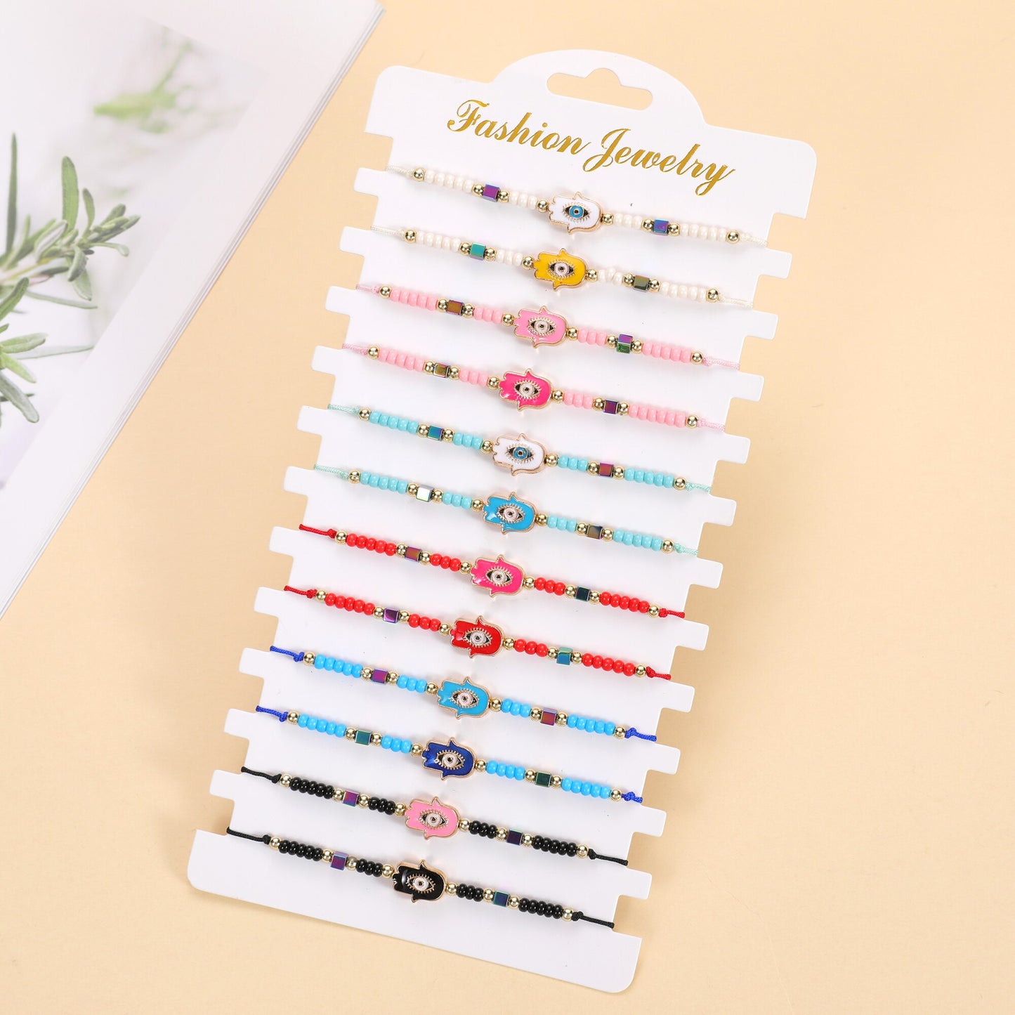12pcs Color Oil Painting Fatima Hand Evil Eye Braided Bracelets for Women Child Adjustable Rope Chain Anklets Handmade Jewelry