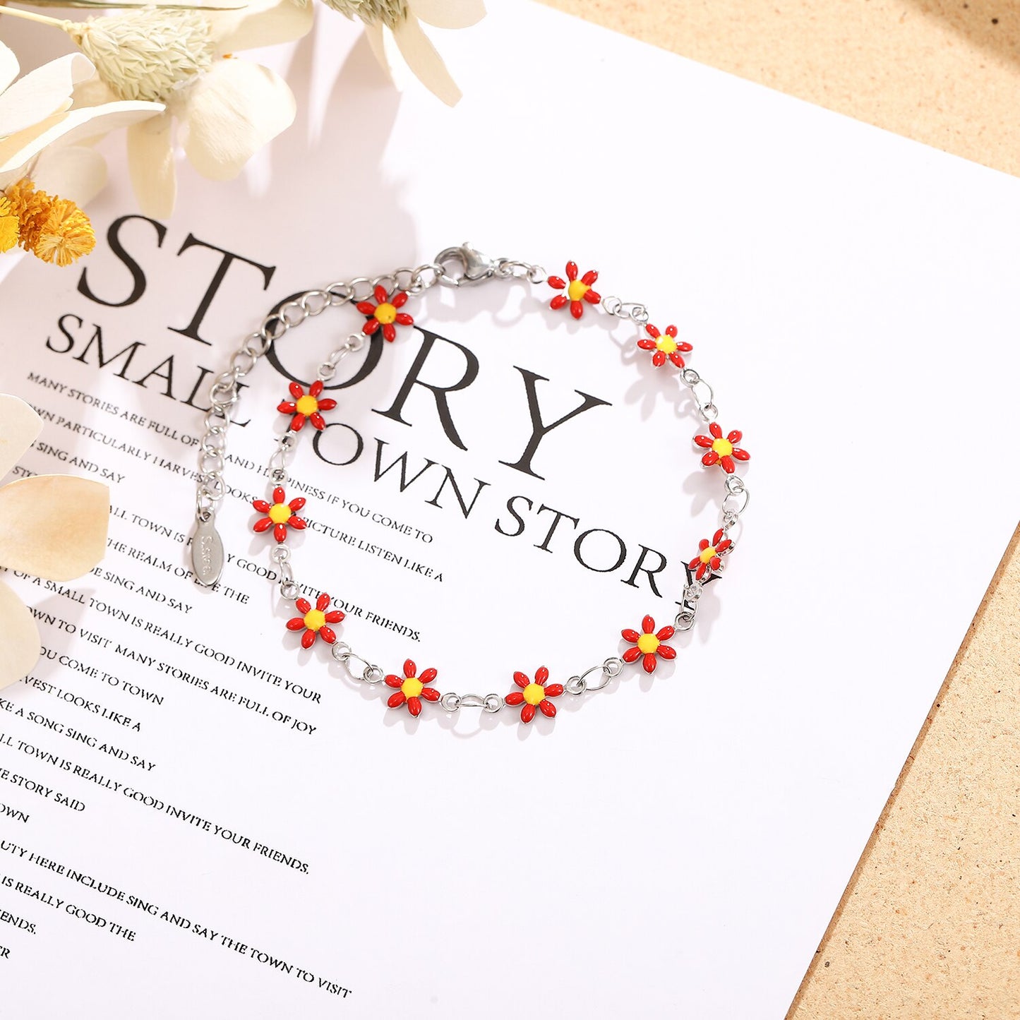 Stainless Steel Color Drip Blossom Flower Pendant Bracelet Aesthetic Jewelry for Women Minimalist Adjustable Chain Bangle Ankles