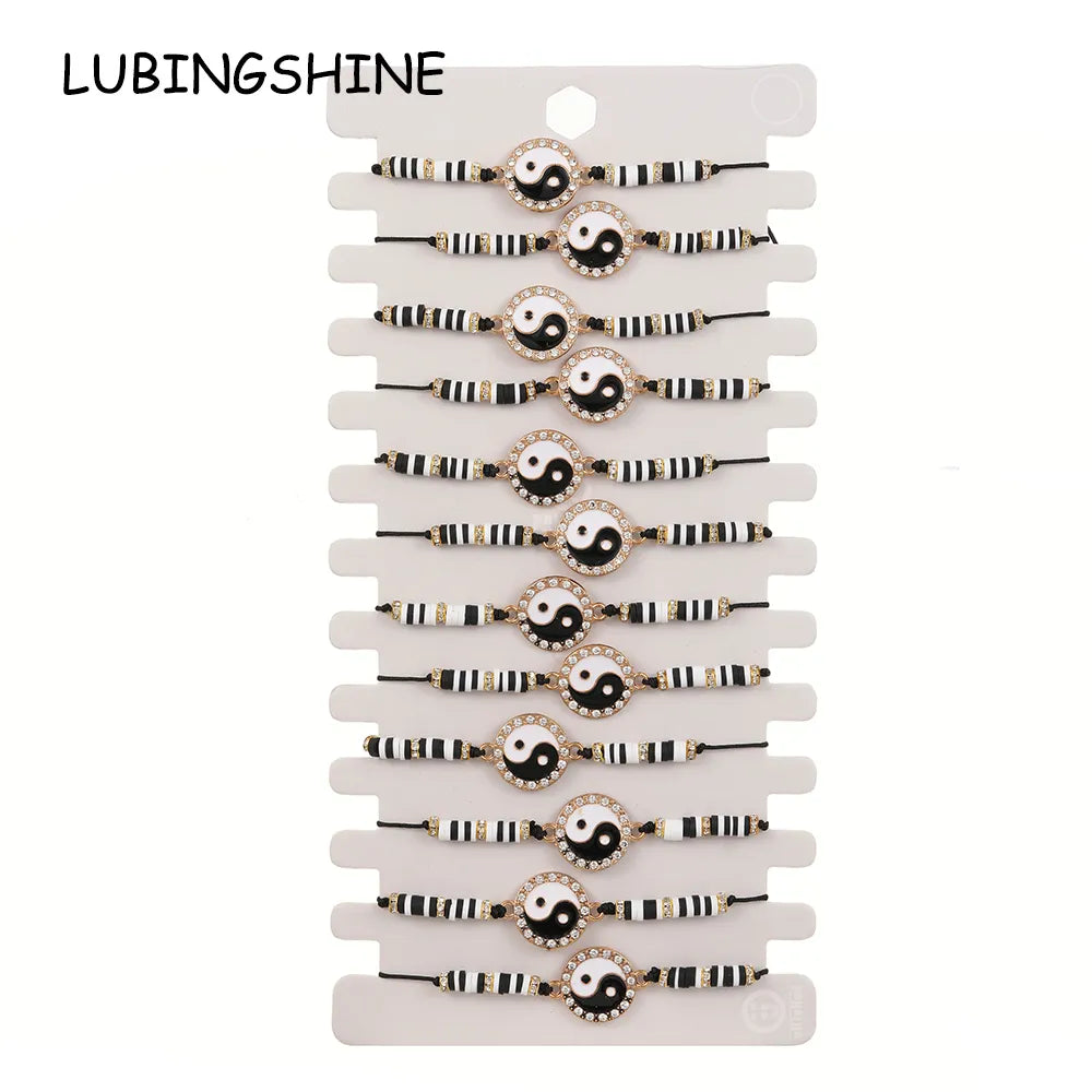 12pcs Black/white Yin Yang Tai Chi Pendant Soft Clay Braided Bracelets Good Luck Charm Adjustable Bracelet