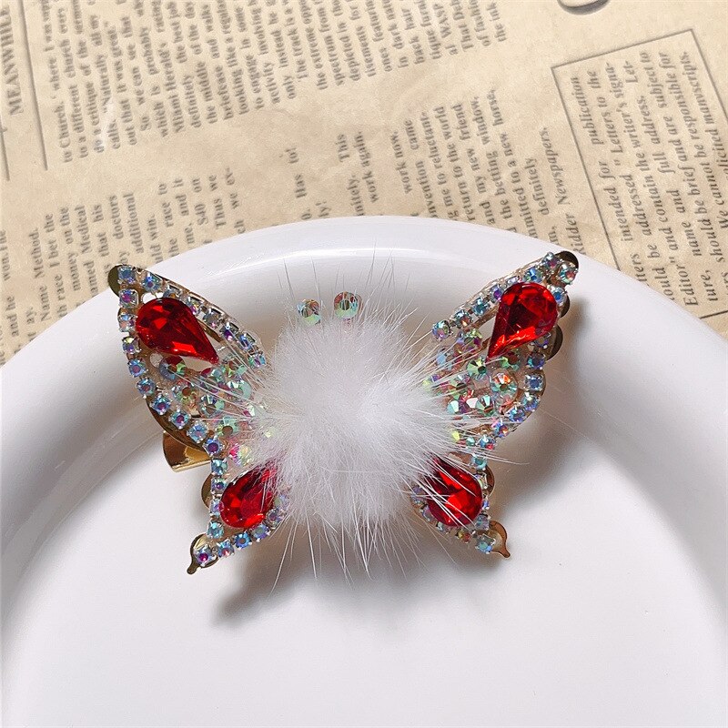 Fashion 3D Butterfly Faux Fur Hair Clips Flying Shiny Rhinestone Hairpin Barrettes for Women GirlsPonytail Holder Hairpins