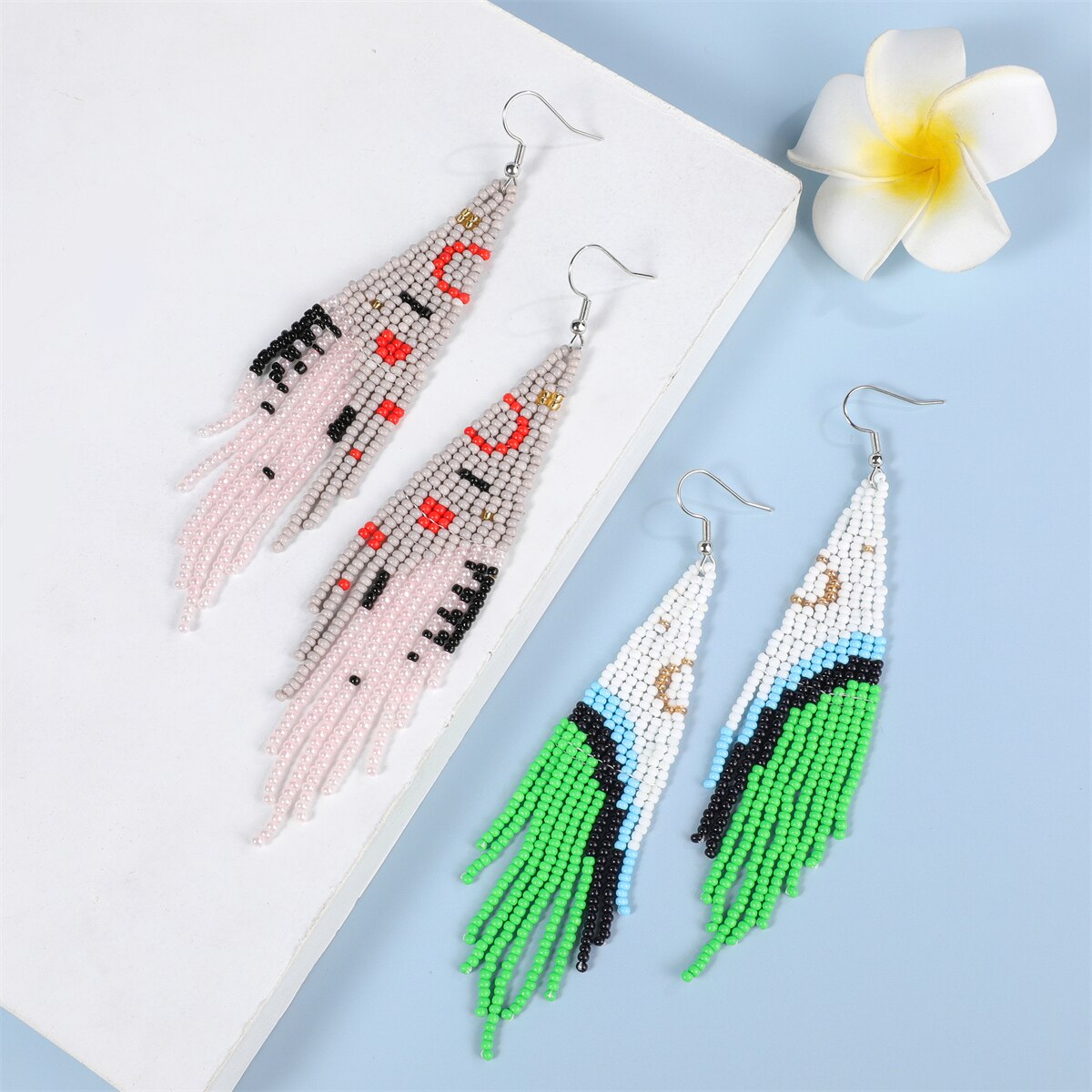 Bohemian Handmade Beaded Long Earrings for Women Seed Bead Statement Elastic Bangle Ethnic Jewelry