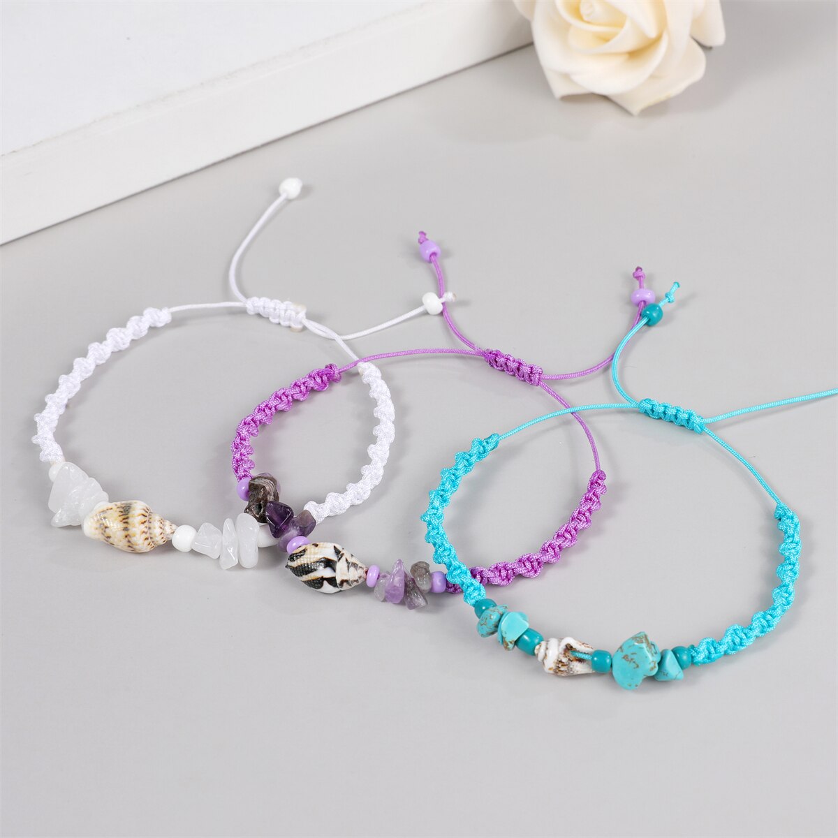 12pcs/lot Summer Surf Shell Conch Bracelet Women Men Natural Stone Amethyst Turquoise Healing Yoga Bracelet Jewelry