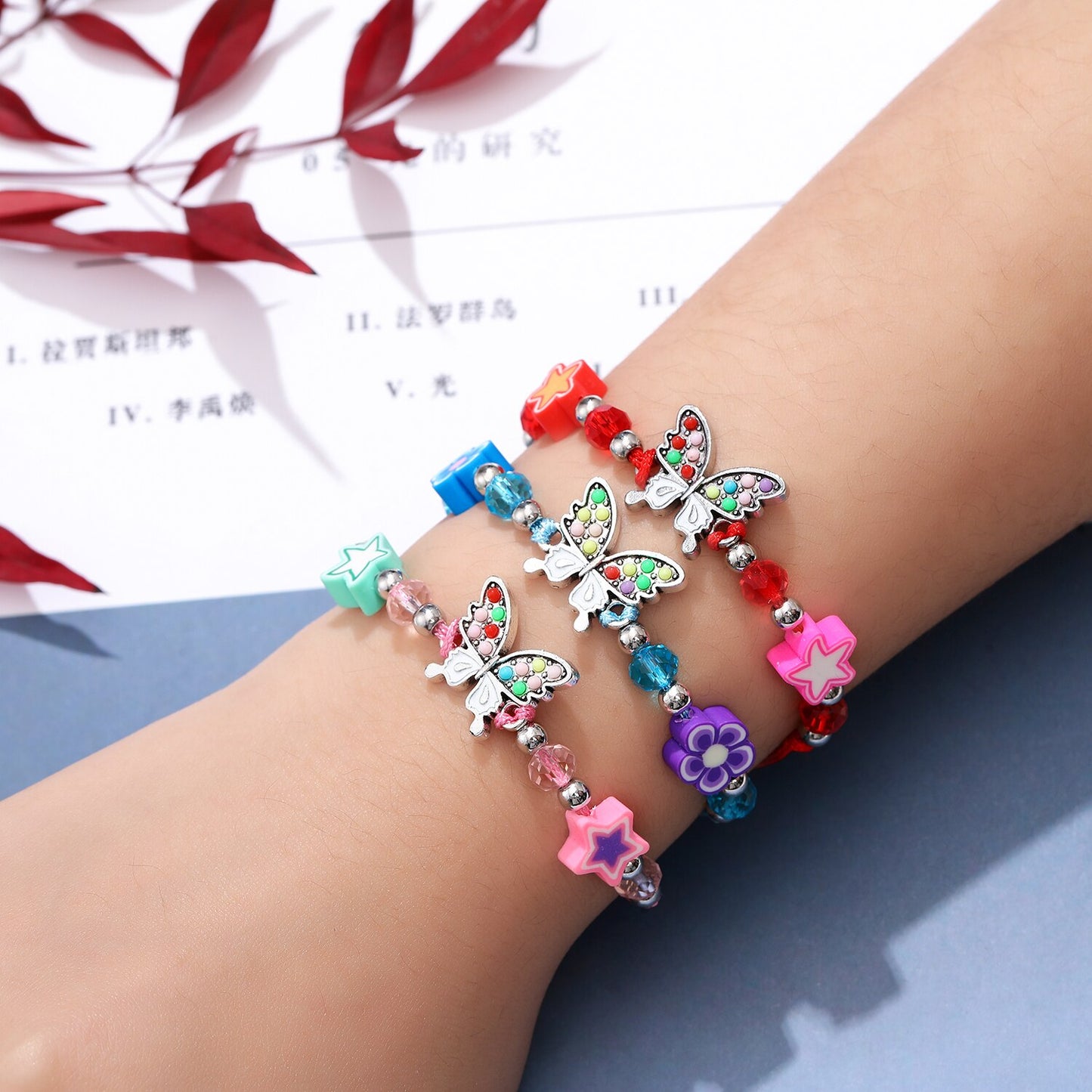 12pcs/lot Women Butterfly Flower Pendant Crystal Bead Charms Bracelets Set Child Braided Adjustable Rope Chain Anklet Jewelry