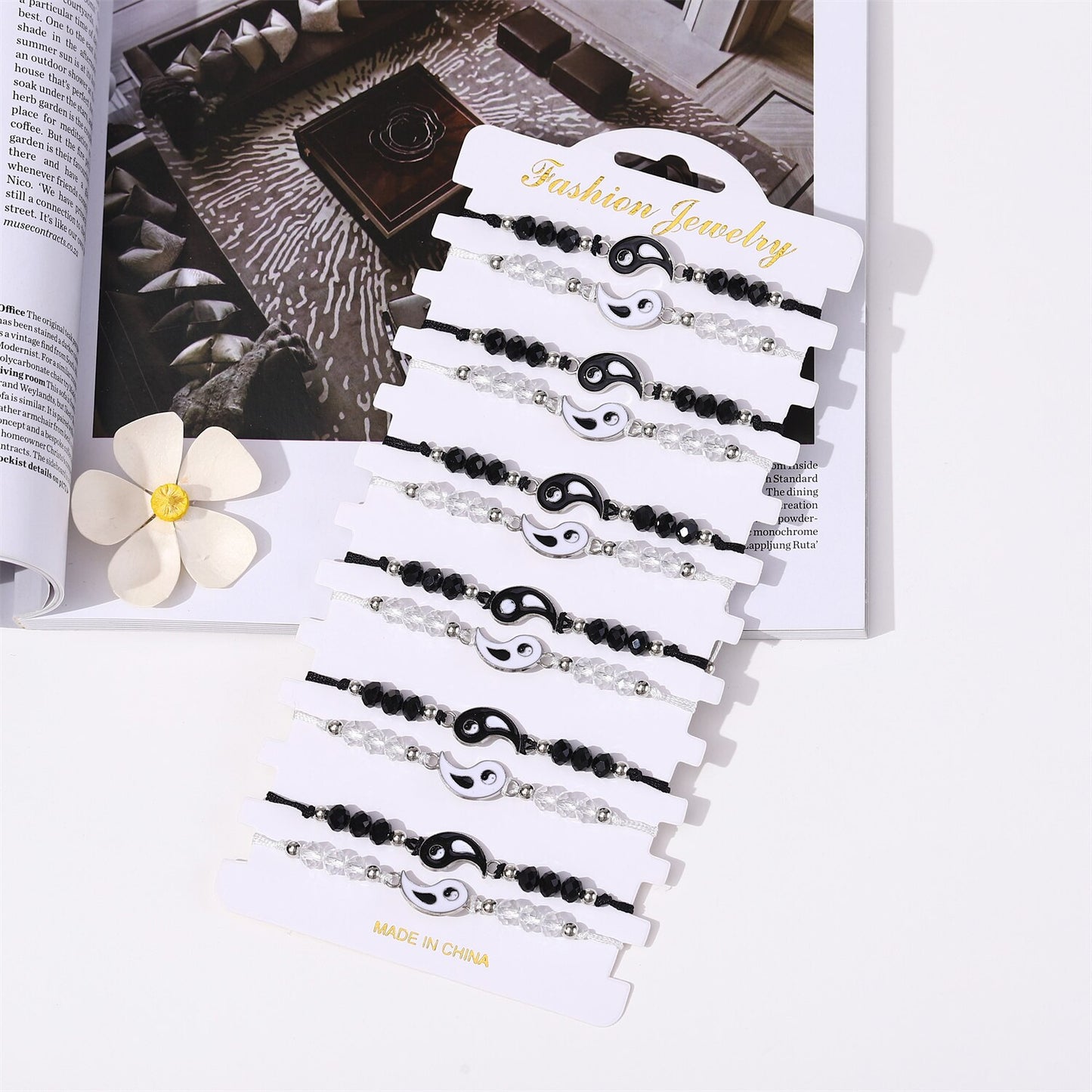 12pcs/Lot Black/white Yin and Yang Tai Chi Pendant Bracelets for Women Crystal Beads Chain Braid Rope Anklet Amulet Jewelry