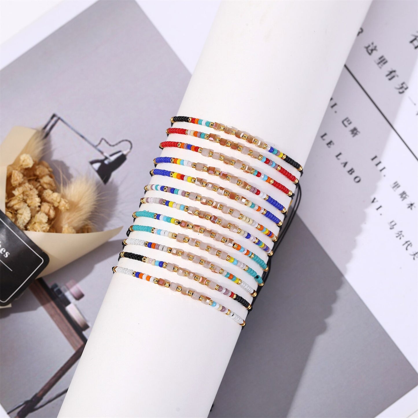 Women 12Pcs/Lot Crystal Seed Beads Natural Stone Charms Bracelets Adjustable String Wish Bracelets Jewelry Gifts for Girls