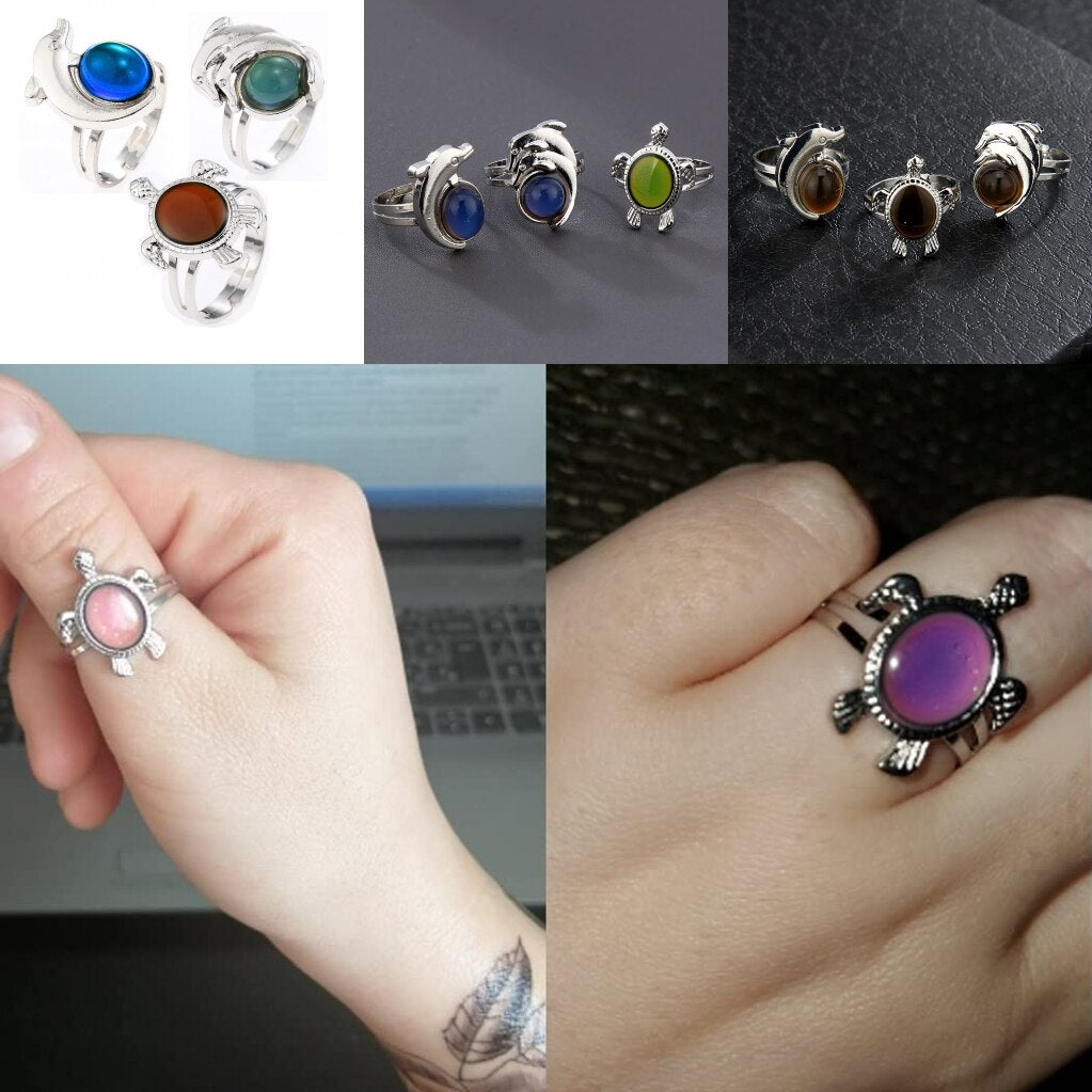 3Pcs/lot Animal Mood Ring Adjustable Size Turtle Dolphin Temperature Change Color Rings for Women Decoration Gifts