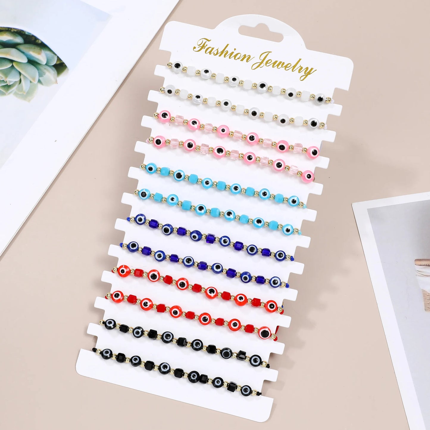 12pcs Colorful Evil Eye Beads Bracelet Handmade Prayer Bangles Adjustable Anklets Wrist Jewelry Gift for Friend Wholesale