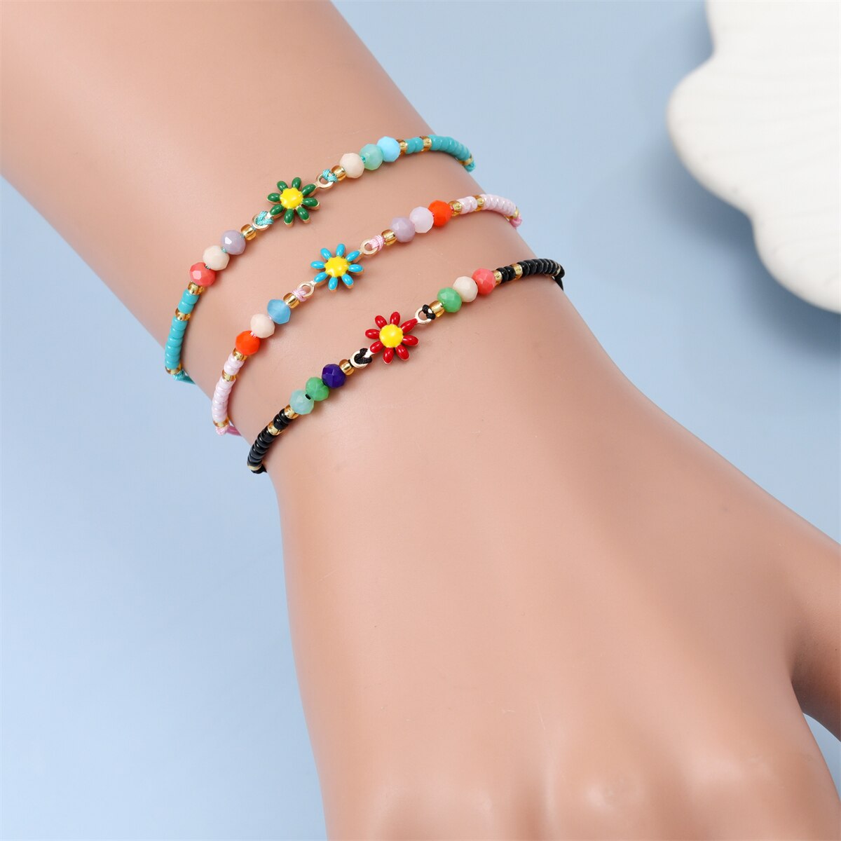 12pcs/lot Colorful Flower Women Bead Bracelets Summer Small Flowers Bohemian Handmade Adjustable Braided Bracelet Bangle Jewelry