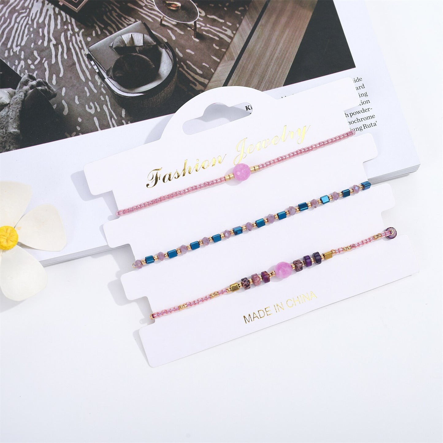 3 Pieces Handmade Weave Adjustable Rope Chain Crystal Charms Bracelets Wrap Charms Bracelet Wristband Jewelry for Women Girls