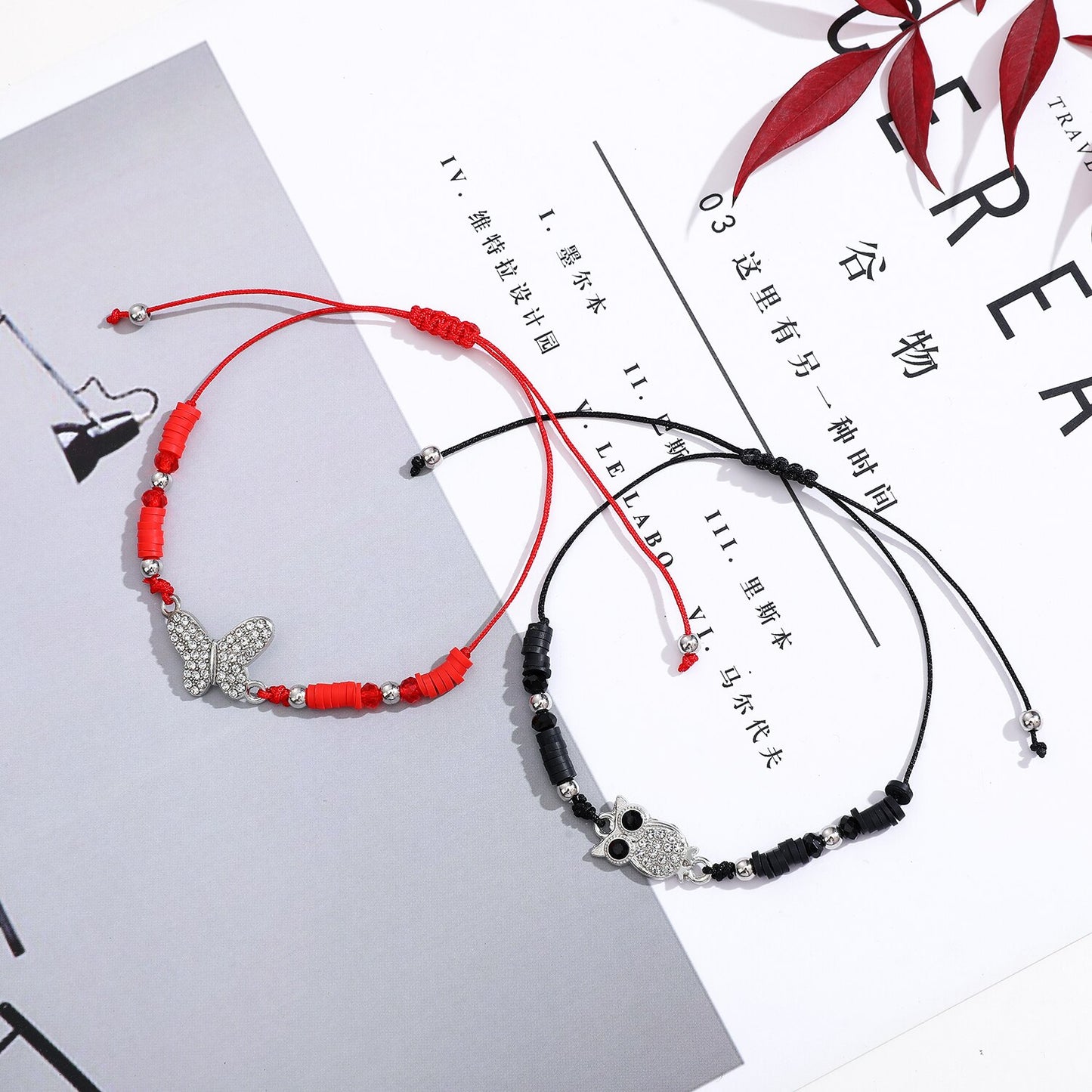 12pcs/Sets Butterfly Owl Animal Pendant Braided Bracelets for Women Child Soft Clay Adjustable Charms Rope Chain Anklets Jewelry
