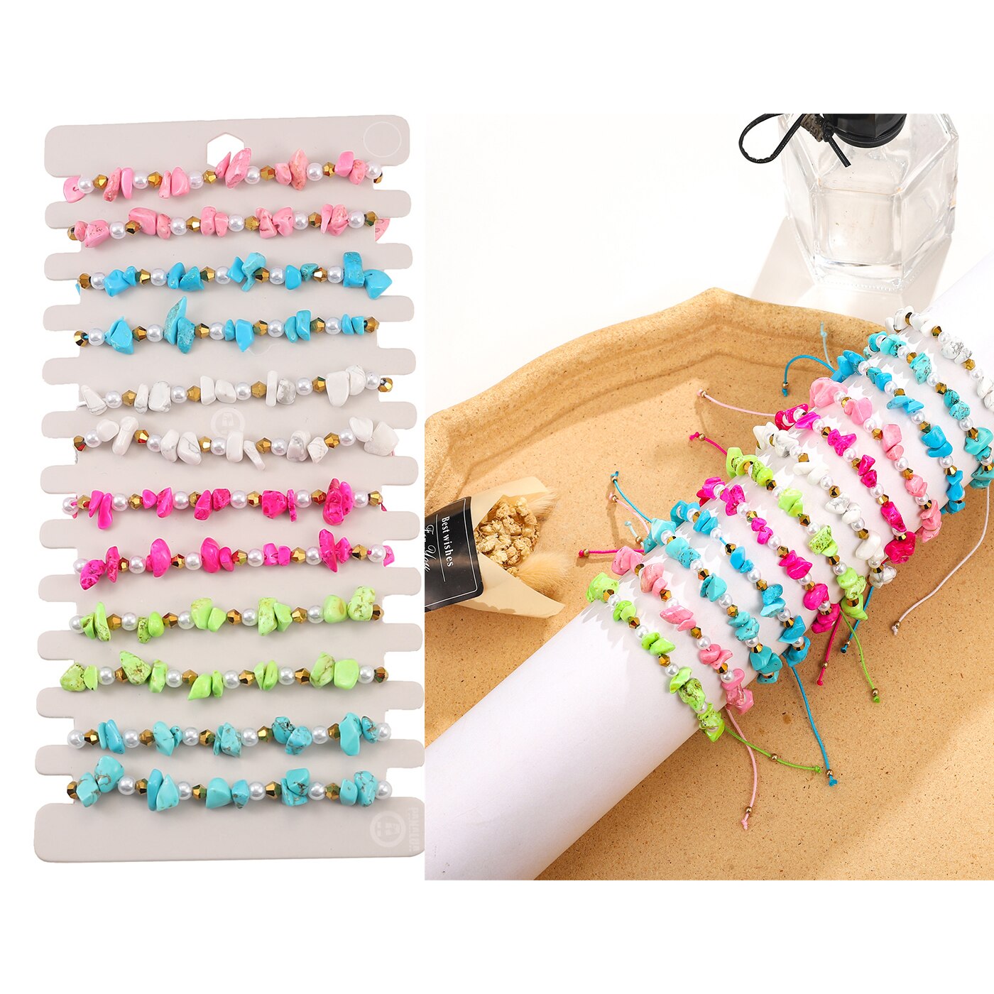 12pcs Natural Stone Amethyst 7 Chakra Bracelets Healing Crystal Bracelet Chipped Gravel Beads Gifts for Women Anklet Mix Colors