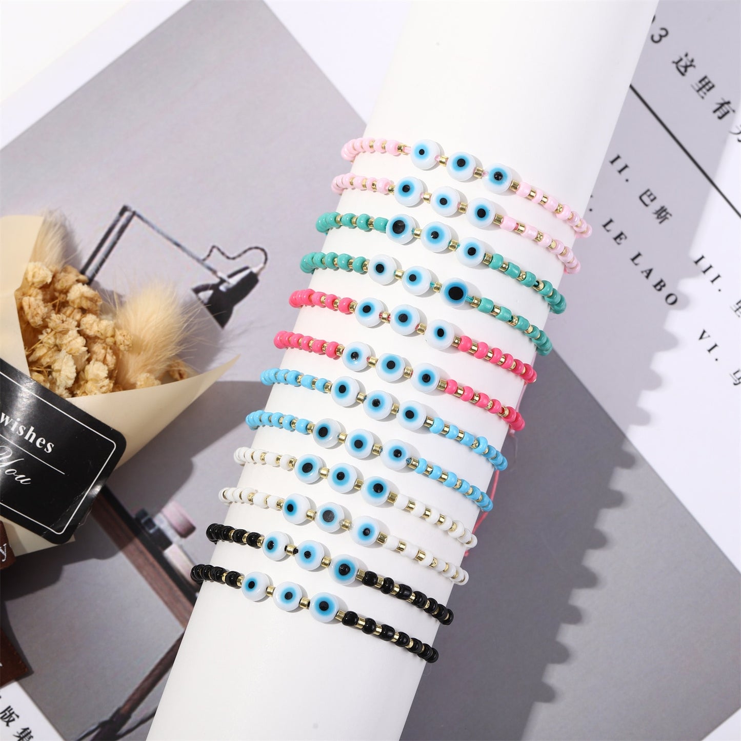 Boho 12pcs/lot Evil Eye Resin Beads Bracelet for Women Adjustable Woven Crystal Chain Summer Anklet Jewelry Wholesale