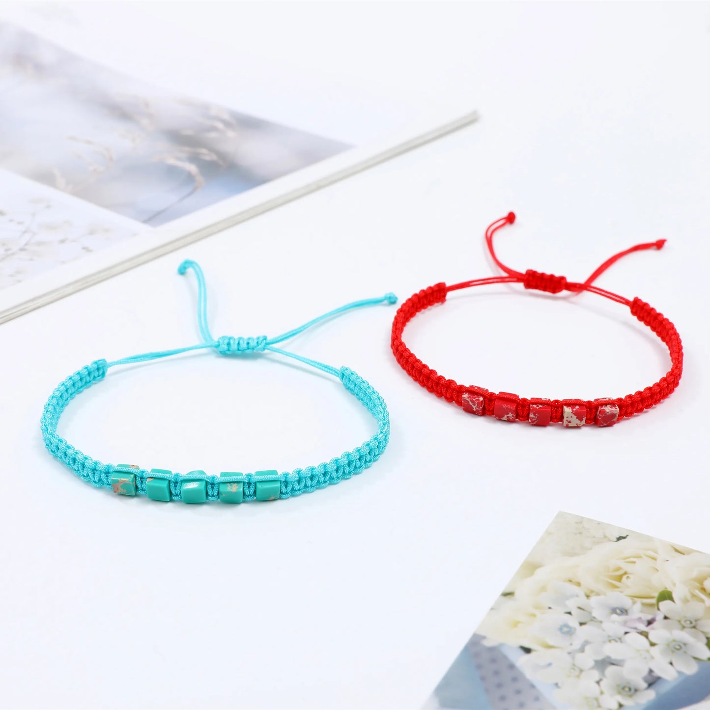 Boho 12pcs Small Square Natural Stone Pendant Bracelet String Handwoven Friendship Bracelet Charm Bracelet Bangles Jewelry