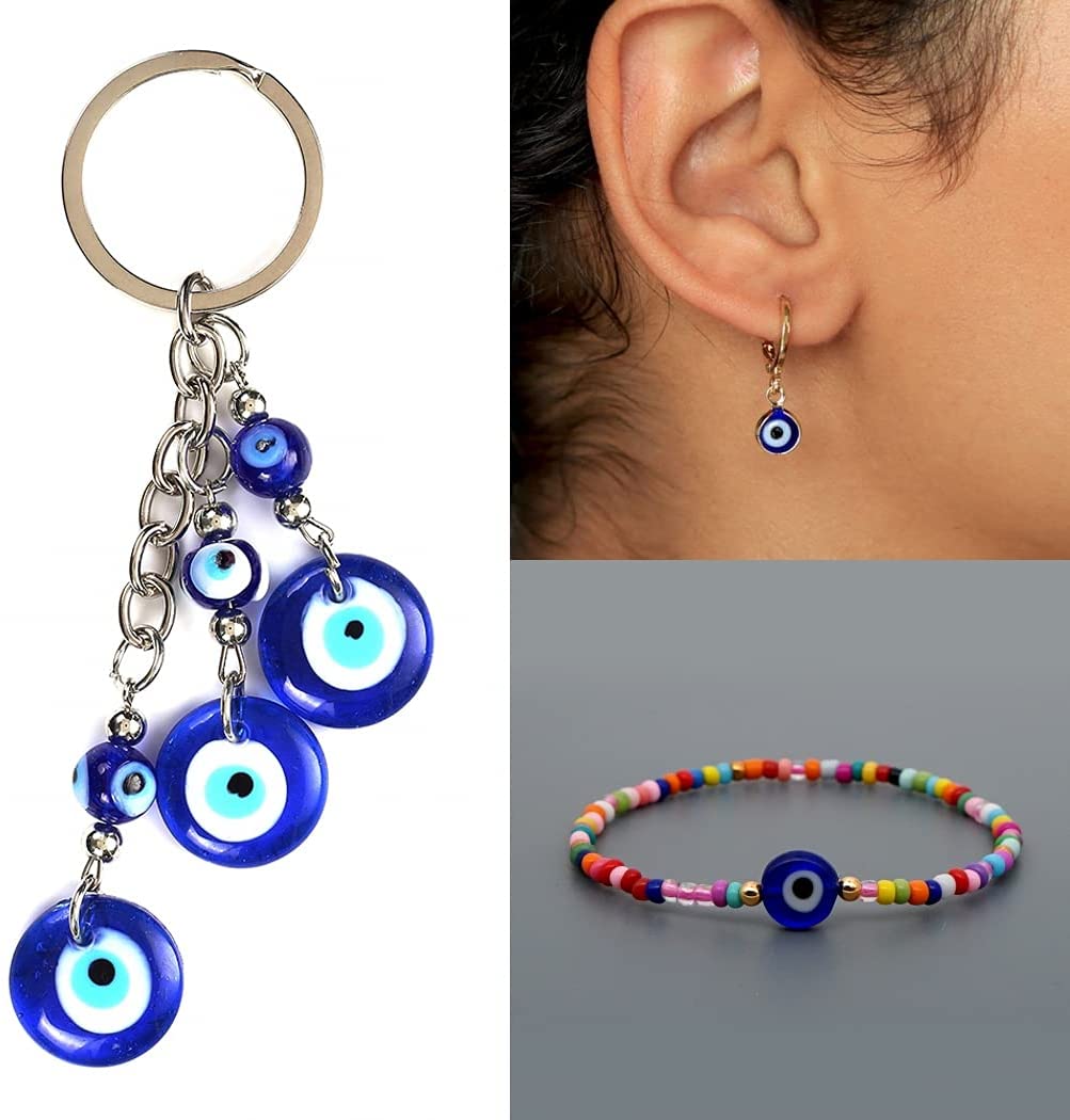 100pcs Evil Eye Beads Royal Blue Resin Lampwork Evil Eye 8MM Beads with Elastic Rope for DIY Crafts Making Accessories