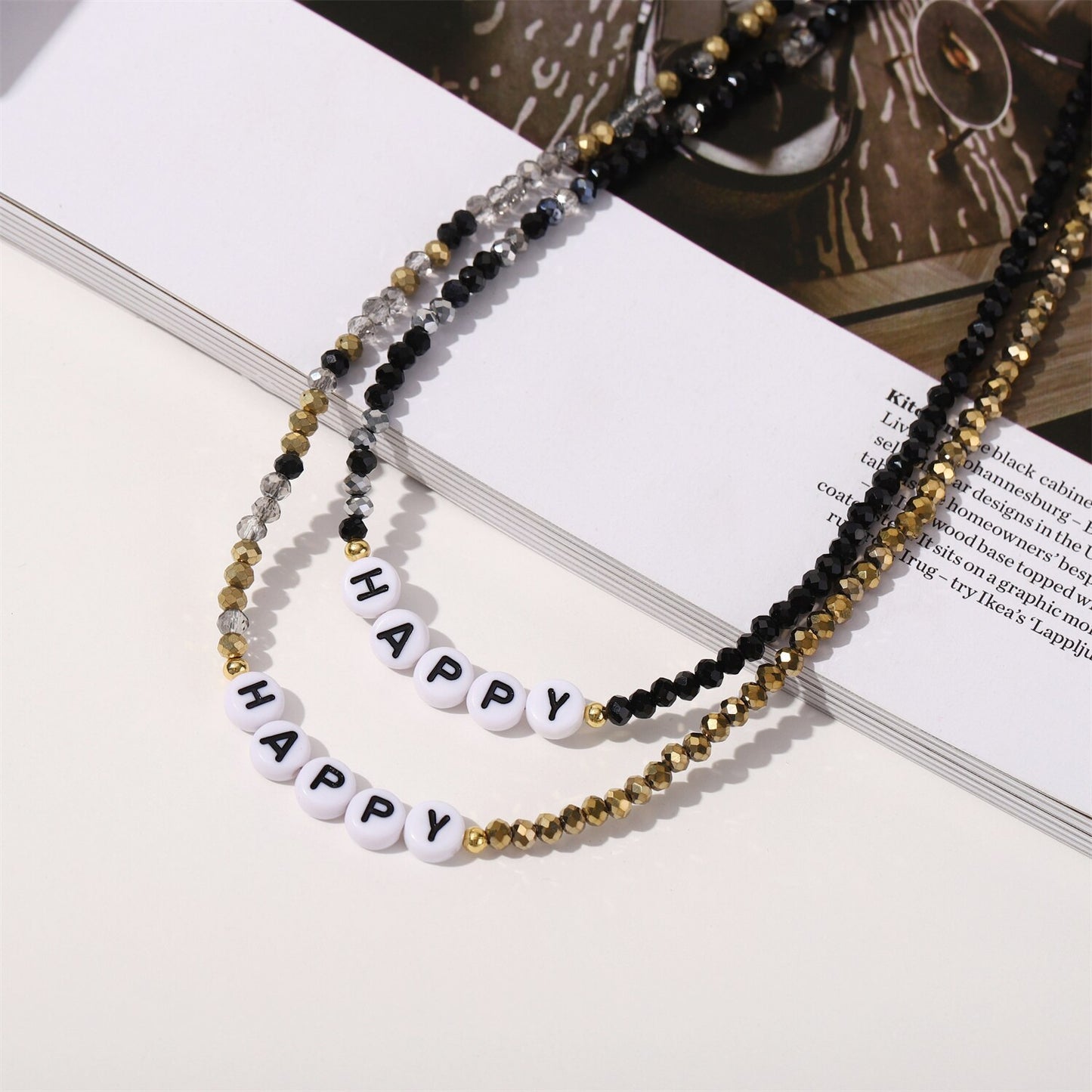 Fashion Crystal Beads Letter HAPPY Necklace for Women Simple Alphabet Beaded Chokers Jewelry Accessories