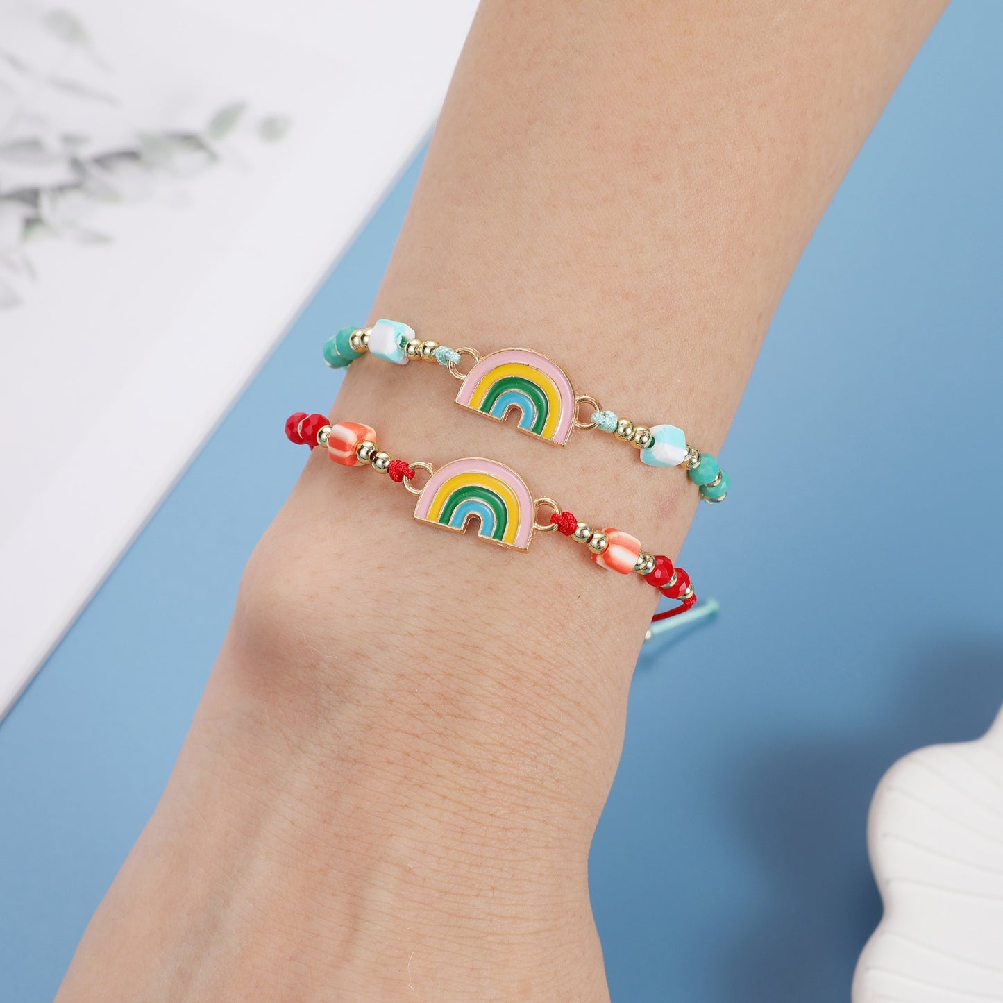 12pcs/lot Colorful Oil Drip Rainbow Pendant Braided Bracelet for Child Girl Adjustable Elastic Rope Chain Anklet Party Jewelry