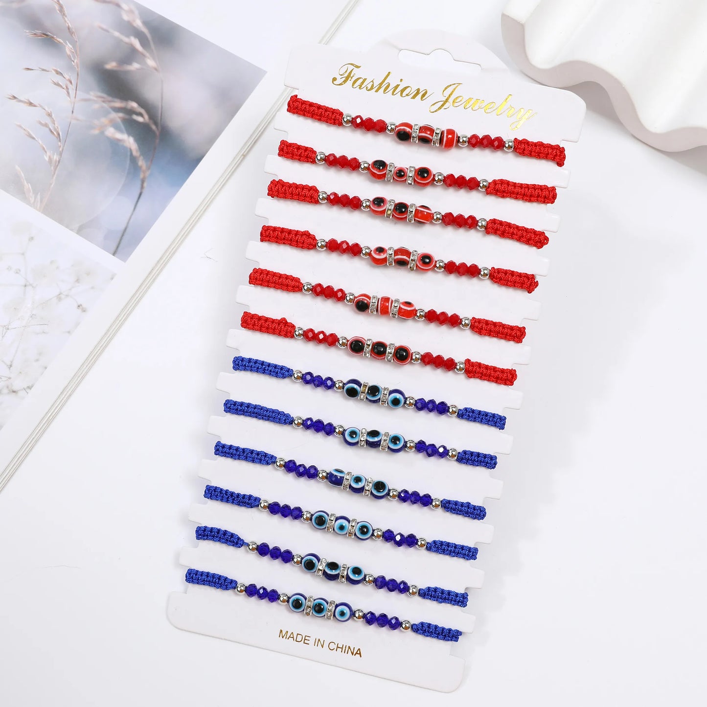 Boho 12pcs Handmade Thick Lucky Red Rope Braided Bracelet Evil Eye Bead Chain Adjustable Bracelets for Women Men