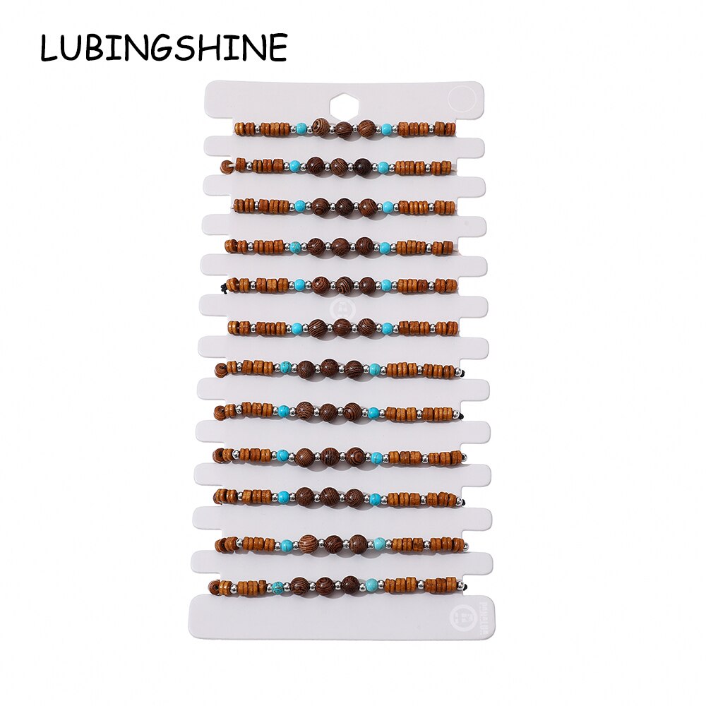 12 Pieces Round Wood Bead Charms Braided Bracelet for Women Child Adjustable Rope Chain Beads Anklet Jewelry Wholesale