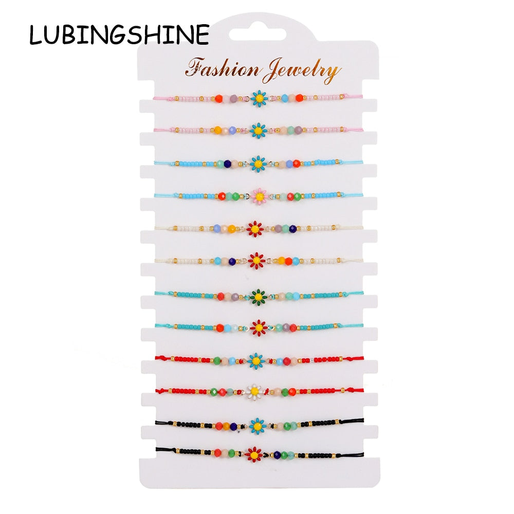 12pcs/lot Colorful Flower Women Bead Bracelets Summer Small Flowers Bohemian Handmade Adjustable Braided Bracelet Bangle Jewelry
