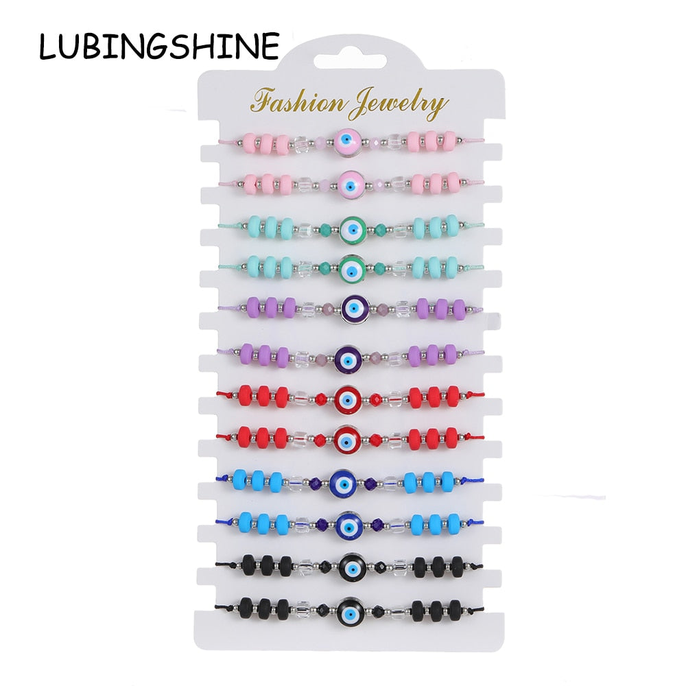 12pcs Blue Evil Eye Bracelet Bohemia Jewelry Handmade Woven Rope Acrylic Macaron Beaded Bracelets for Women Girl Gift
