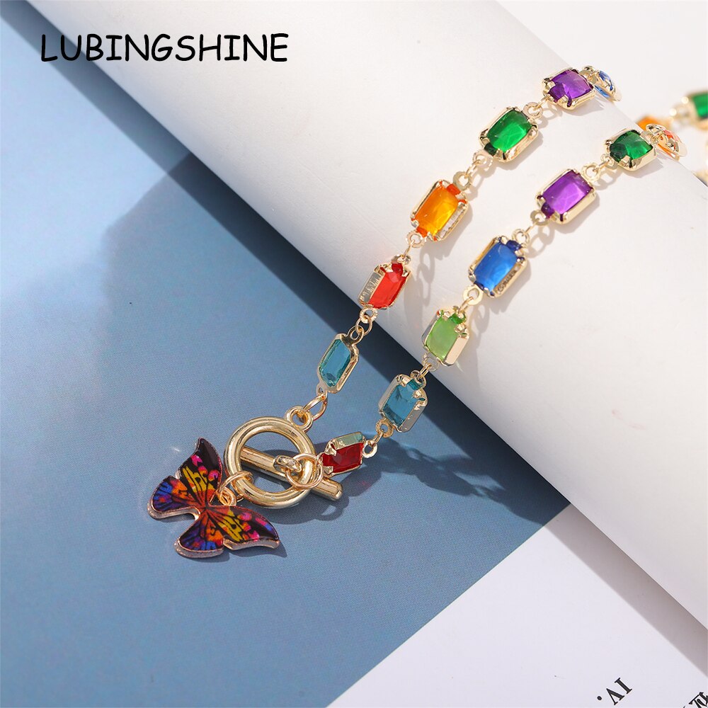 2023 Crystal Glass Chain Butterfly Pendant Necklaces for Women Grils Luxury Color CZ Chokers Jewelry Gifts