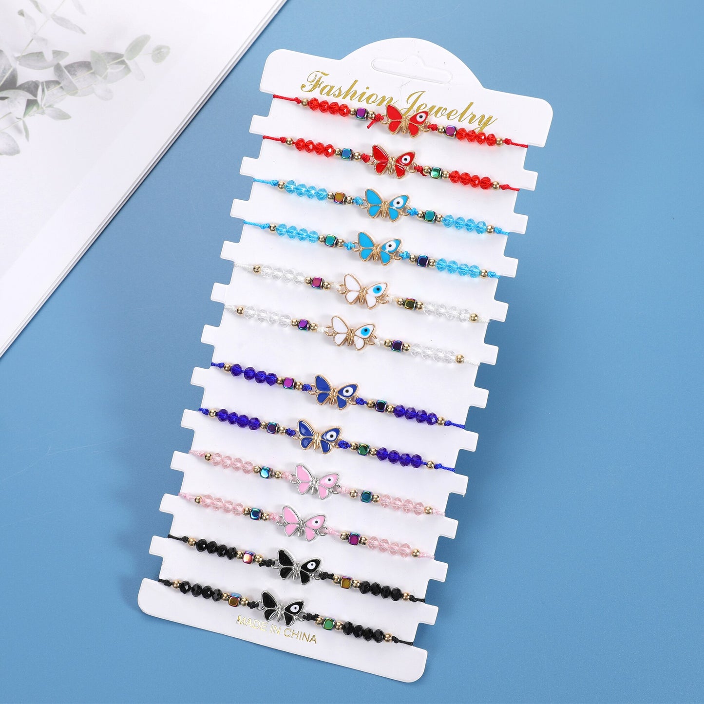 12pcs/lot Butterfly Evil Eye Braided Bracelets for Women Girls Animal Rhinestone Beads Adjustable Woven Rope Bracelet Jewelry