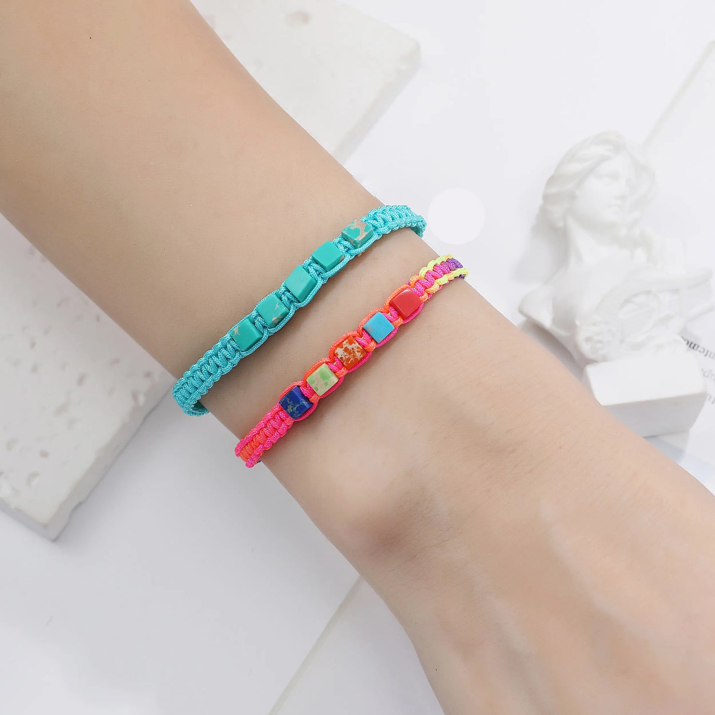 Boho 12pcs Small Square Natural Stone Pendant Bracelet String Handwoven Friendship Bracelet Charm Bracelet Bangles Jewelry