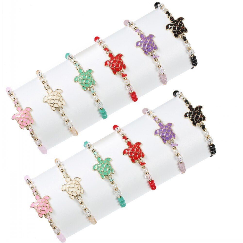 12pcs Bohemian Crystal Beaded Turtle Charms Bracelet Adjustable Rope Chain Bracelet for Women Girls Cuff Jewelry