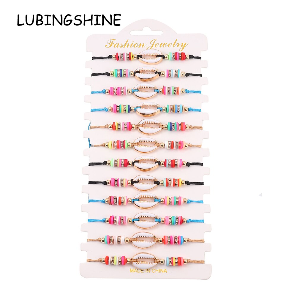 Boho 12pcs Polymer Clay Shell Charms Braided Charms Bracelets for Women Men Adjustable Rope Chain Anklets Beach Handmade Jewelry