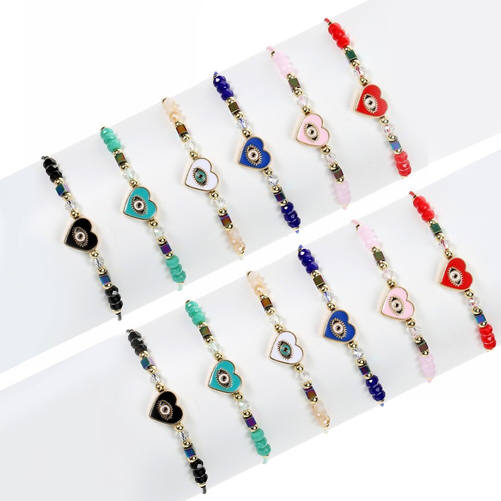 12pcs Love Heart Charms Bracelets for Women Rhinestone Beads Woven Rope Braided Evil Eye Bracelet Bangle Child Fashion Jewelry